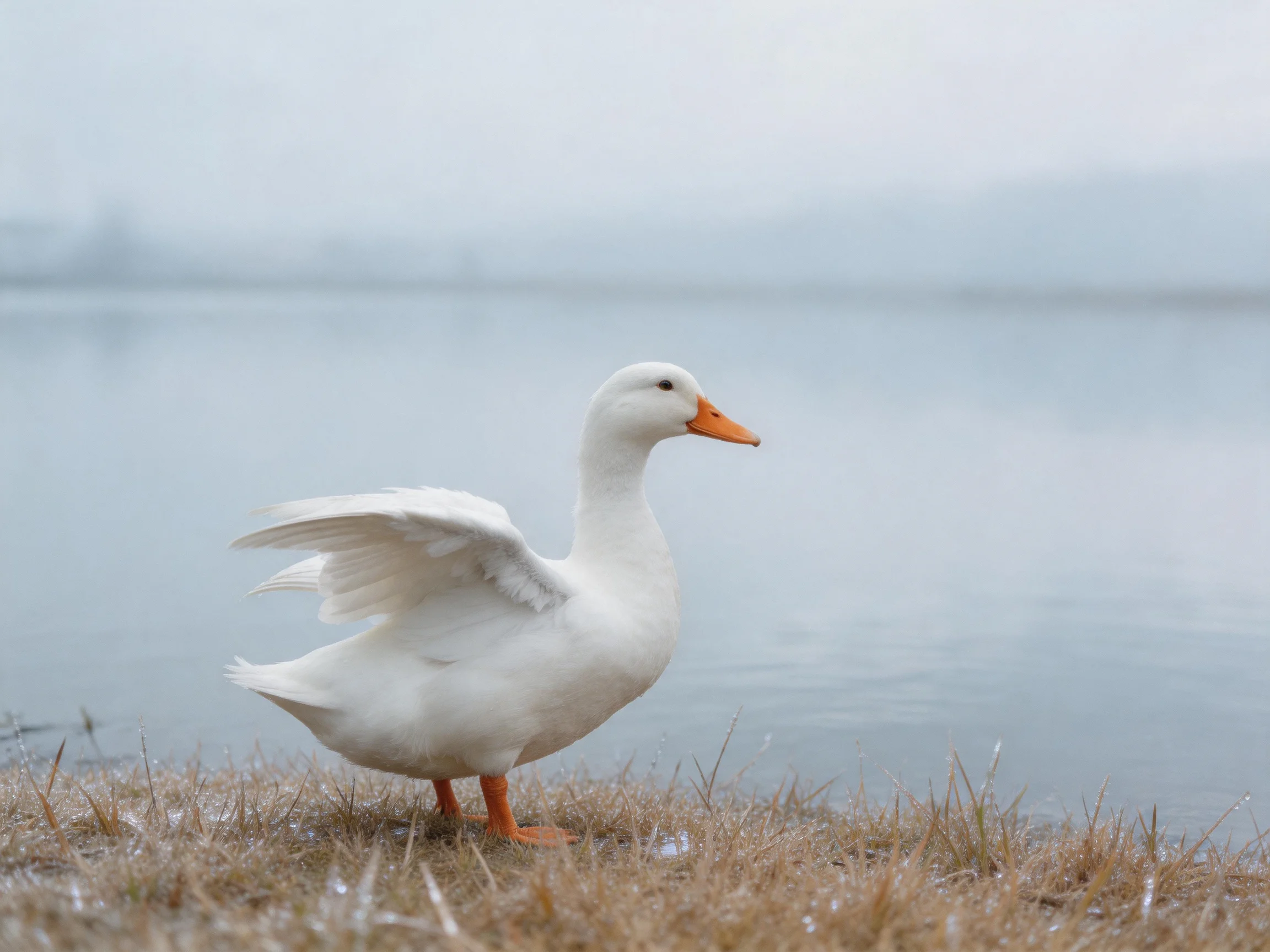 White duck spreading wings by calm water