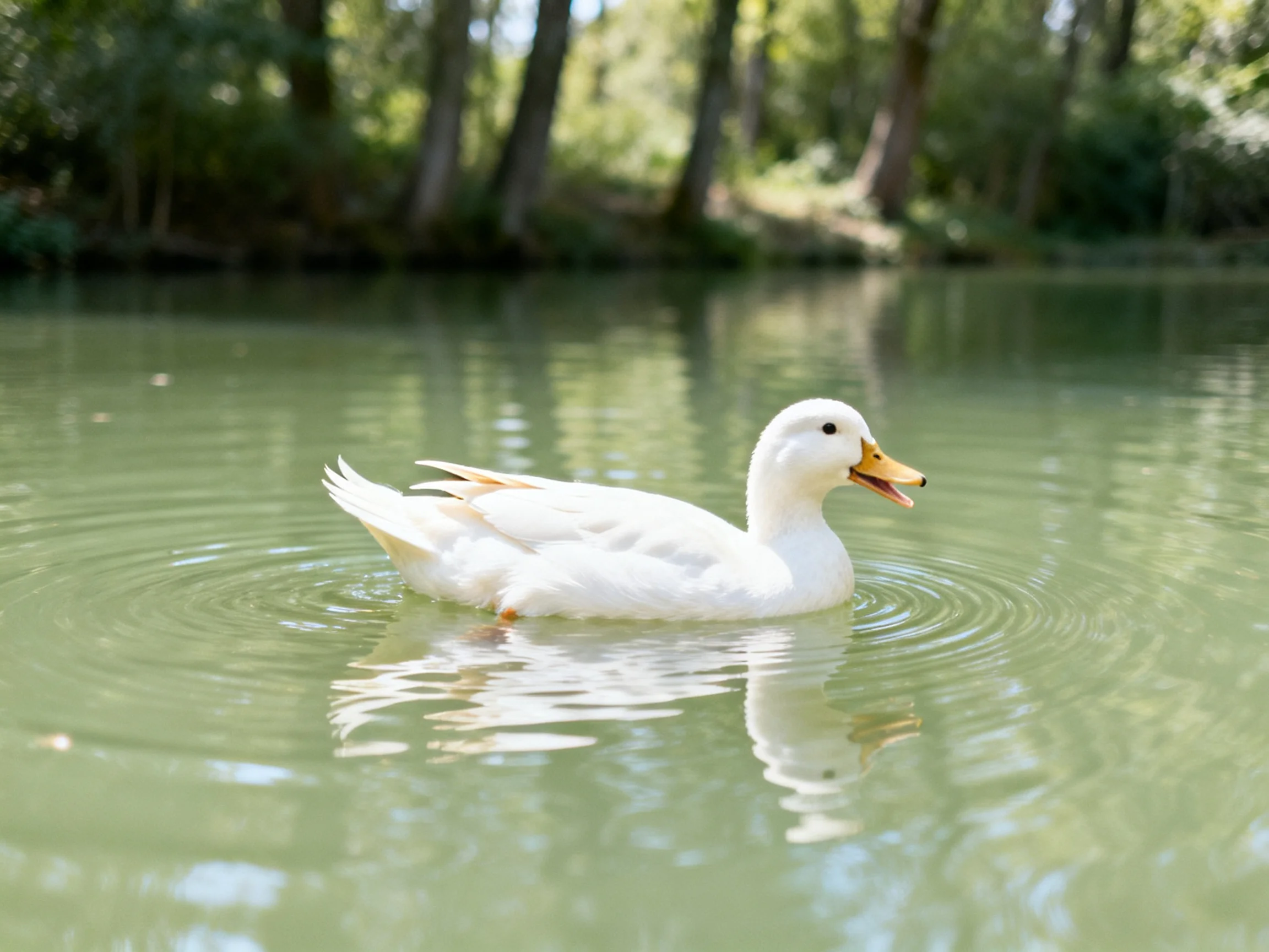 White duck swimming in calm green water near forested banks