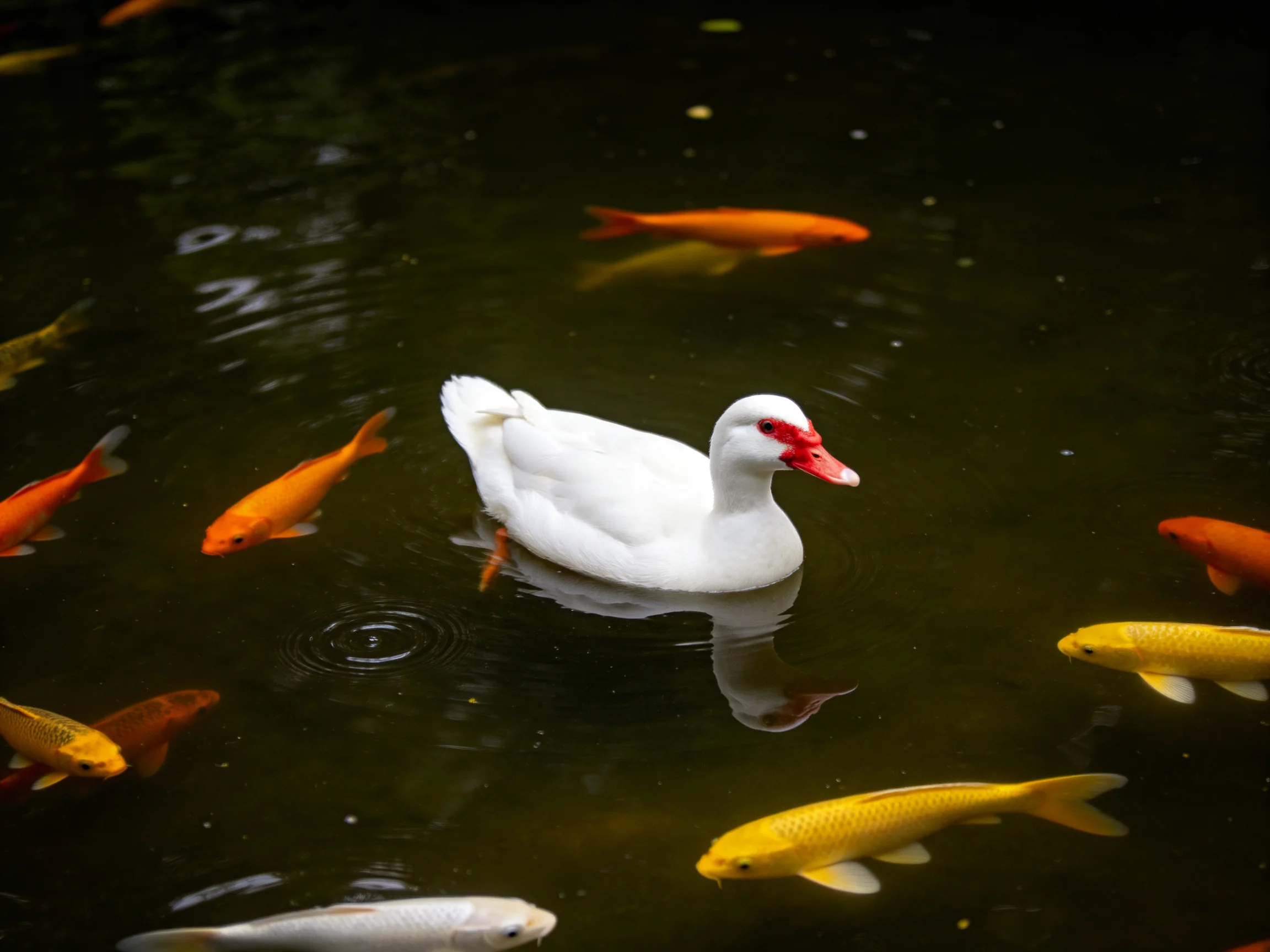 White duck swims among multicolored koi fish in dark pond