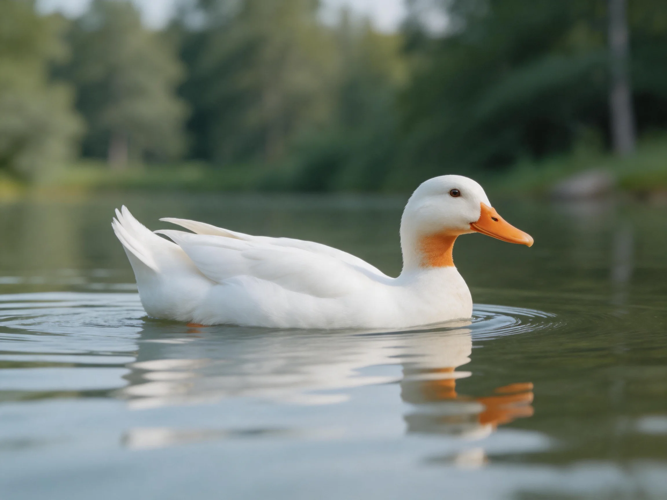 White duck swims on calm water near trees