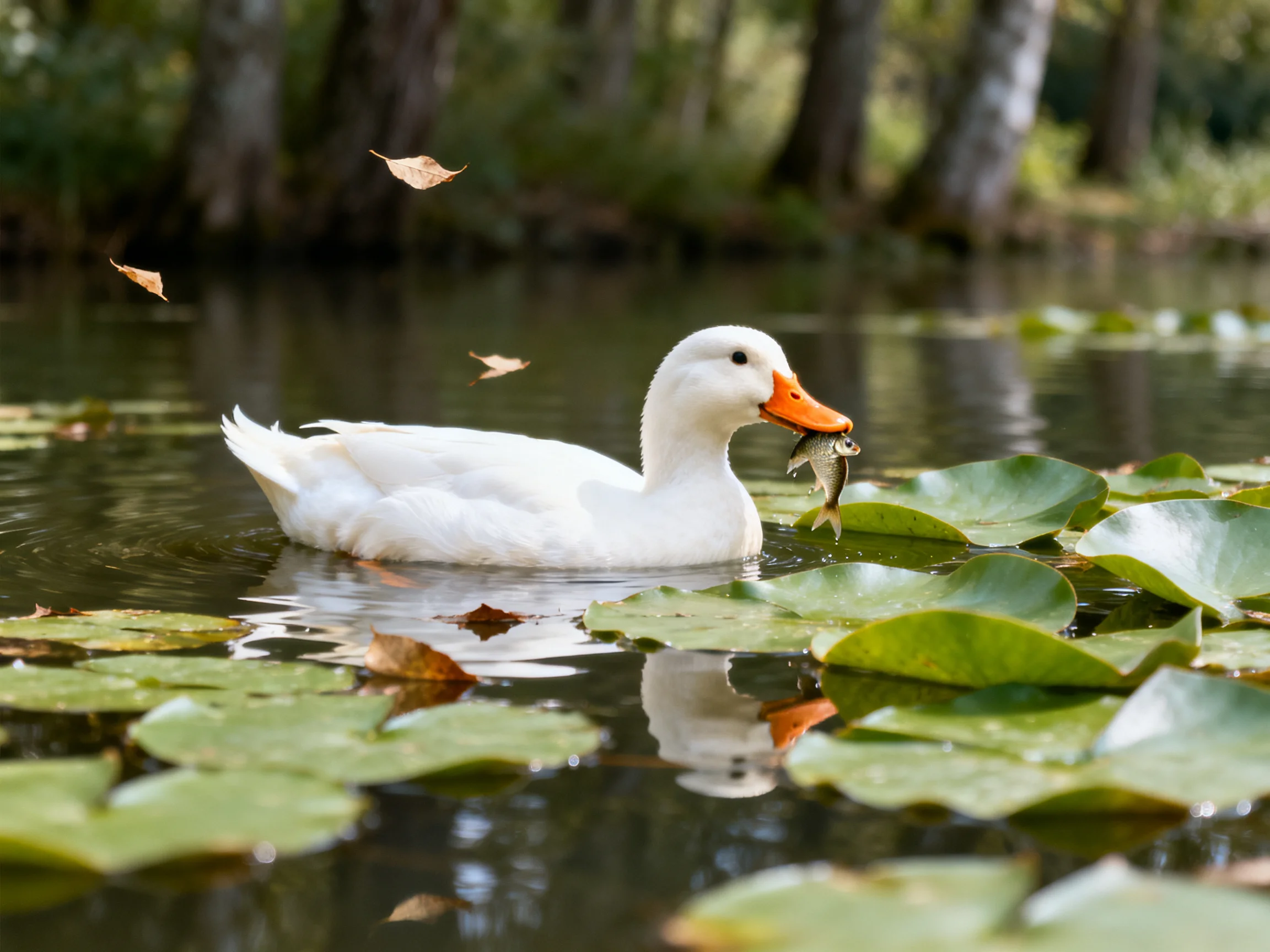 White duck swims with fish among lily pads, autumn leaves falling