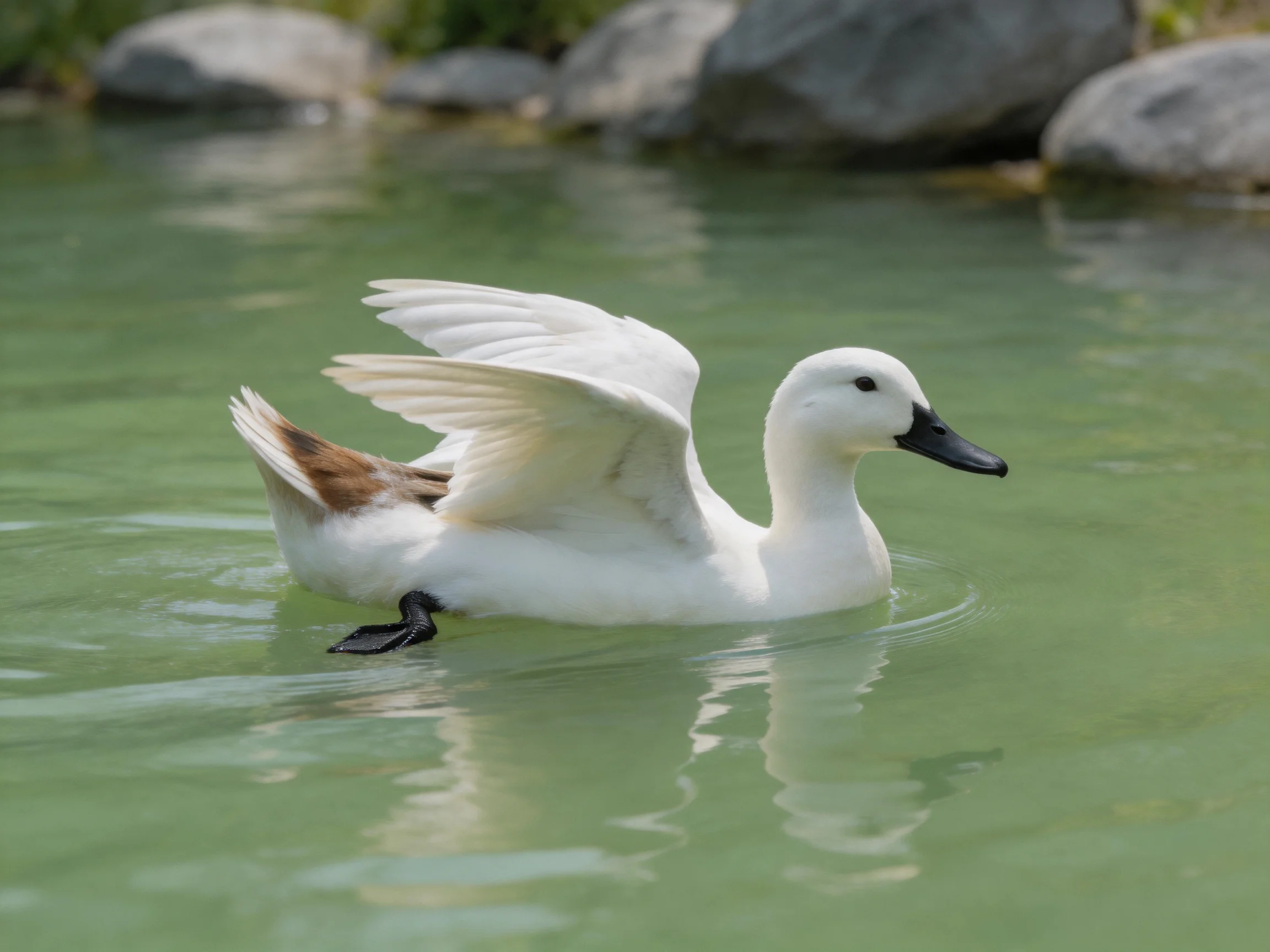 White duck with brown tail flapping wings in green water