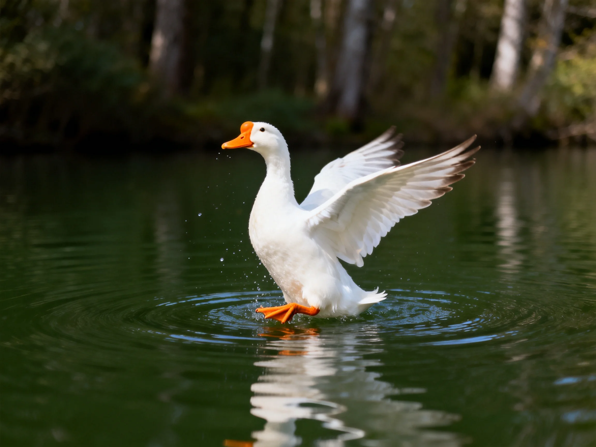 A white duck spreads wings while moving through calm water.