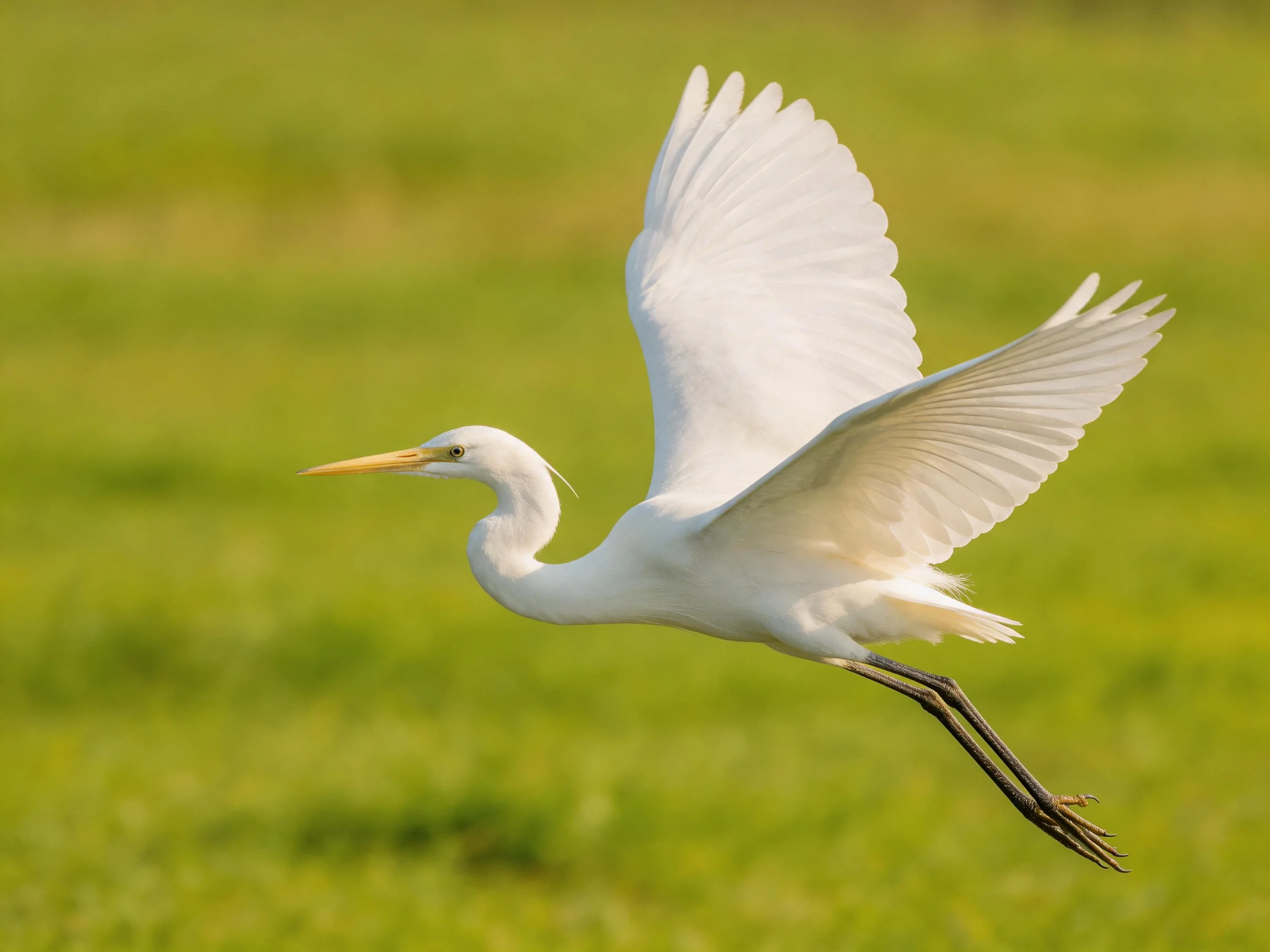 White egret flies gracefully over a verdant field