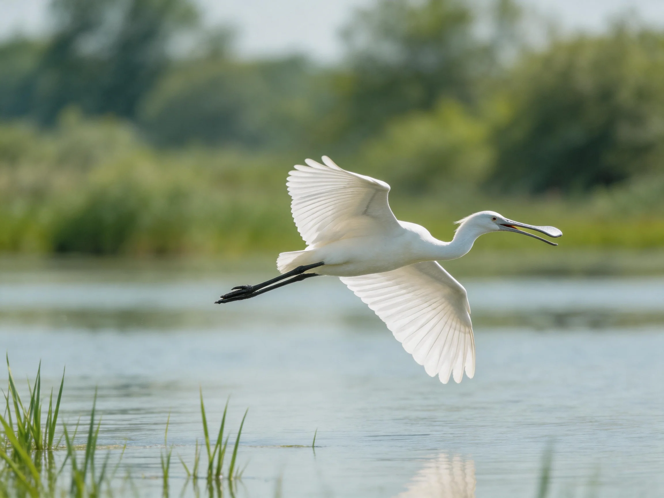 White egret flying over calm water near marsh reeds