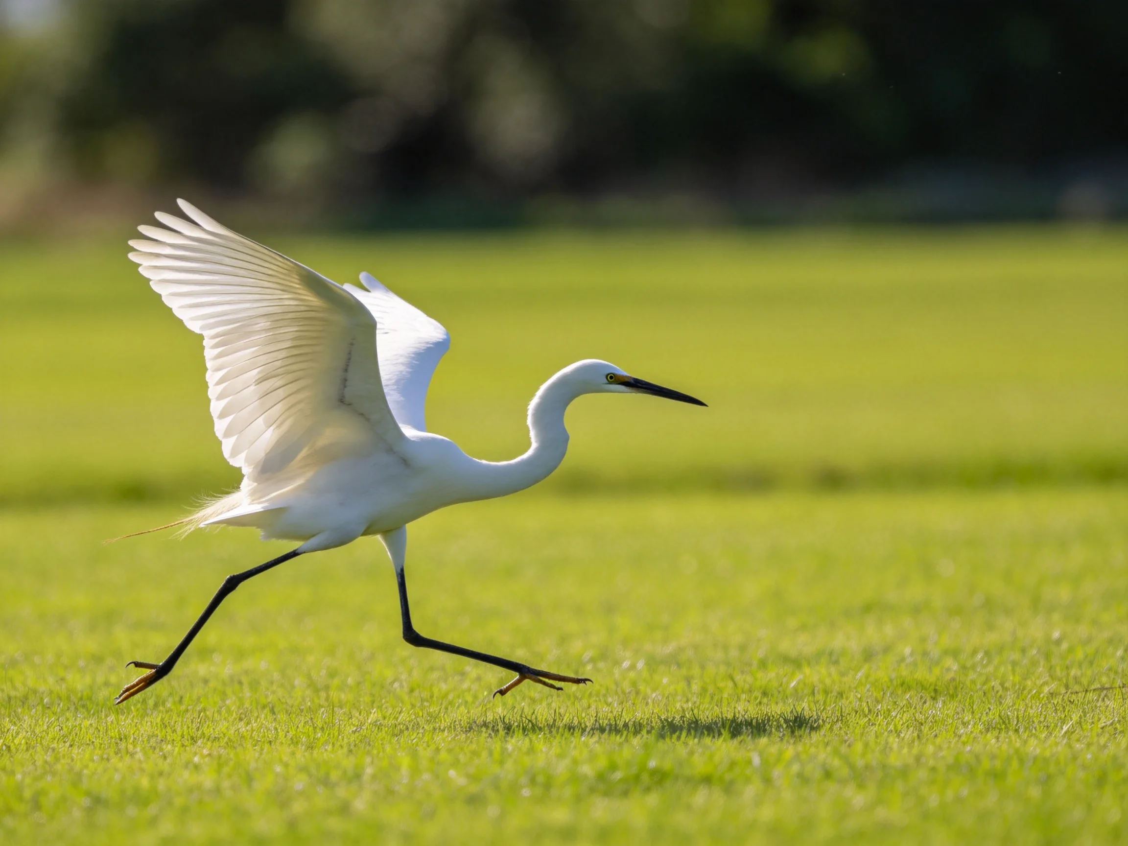 White egret gliding over lush green grassy field