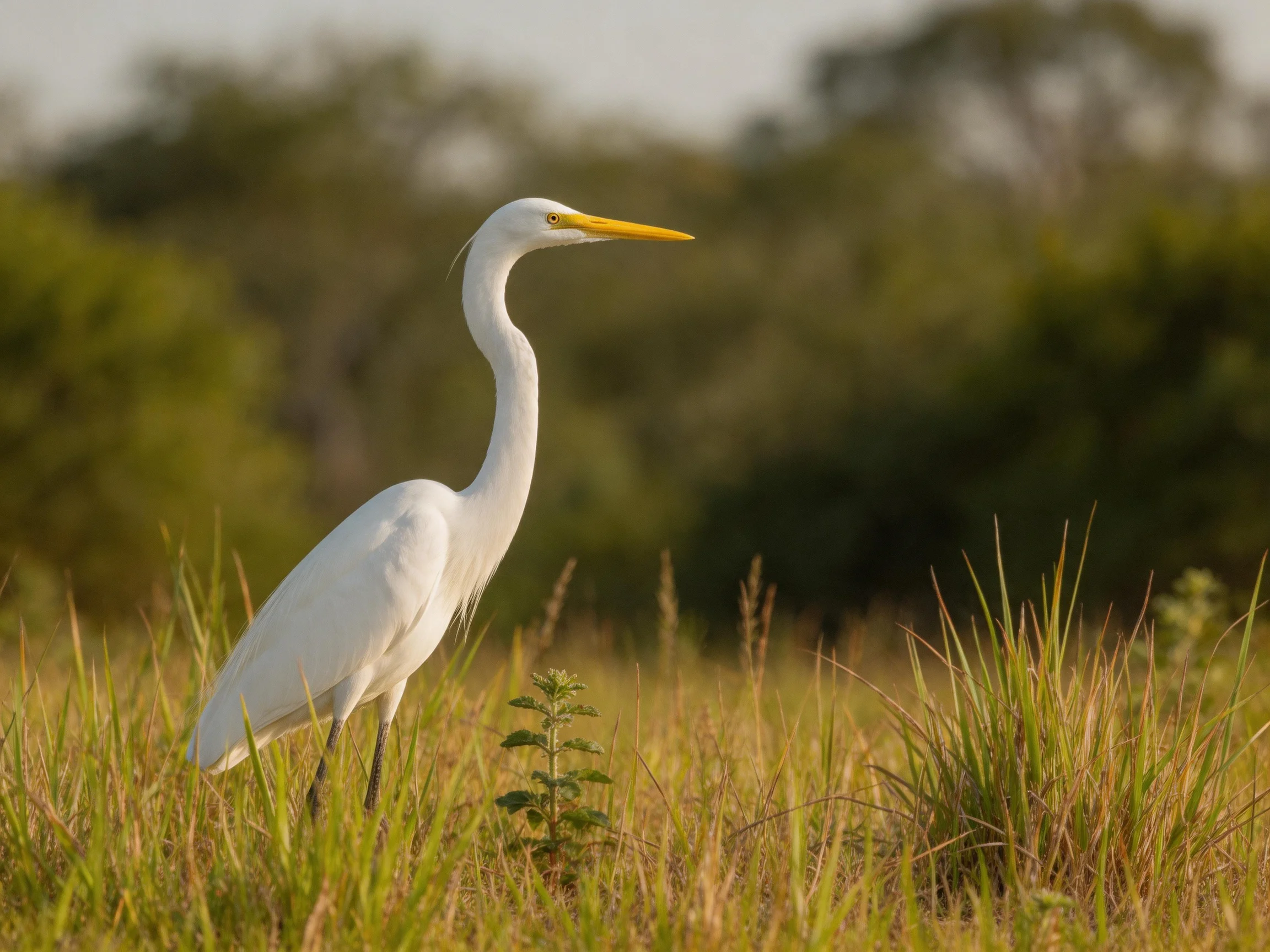 White egret in golden grass near green trees