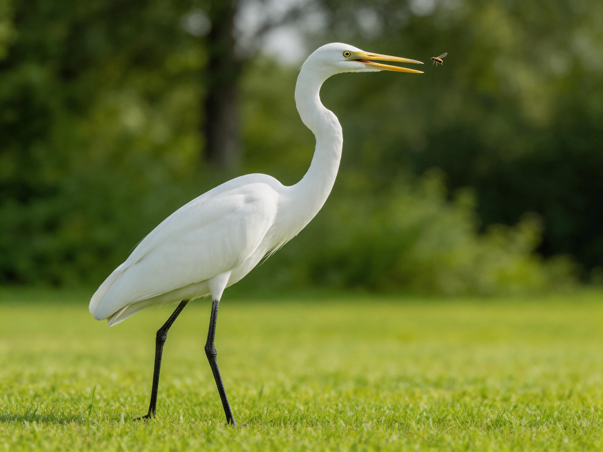 White egret on green grass with insect near beak