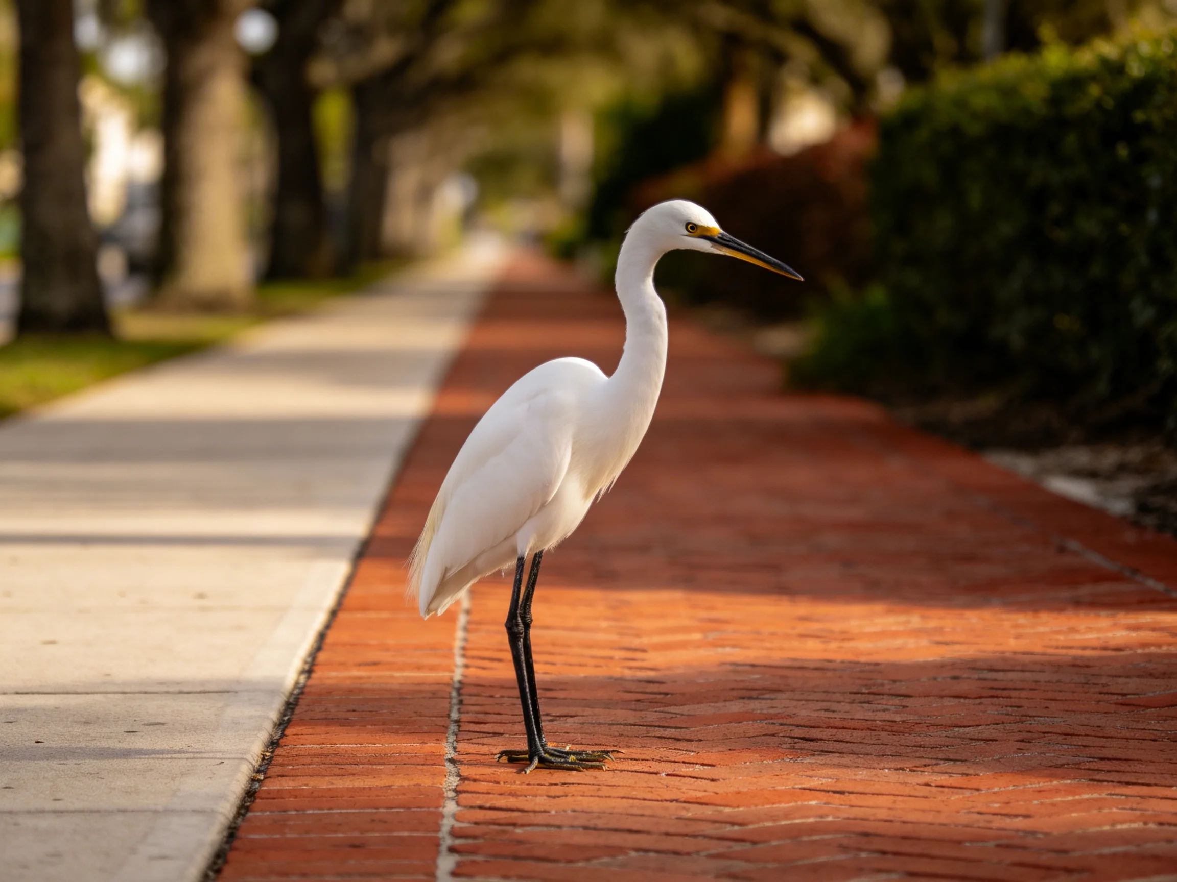 White egret on red-brick pathway beside tree-lined sidewalk