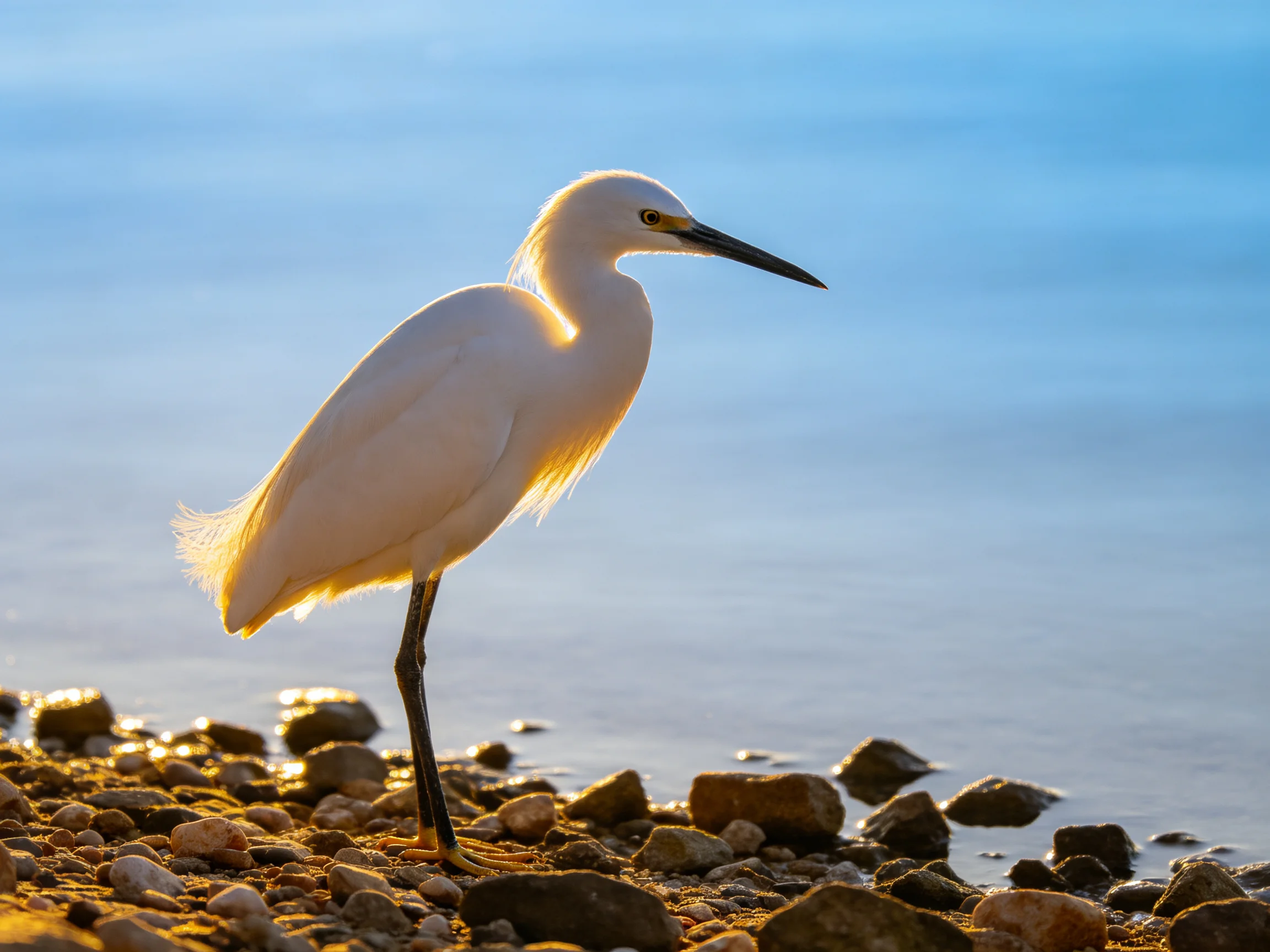 White egret on rocky shore by calm blue water, backlit by golden light