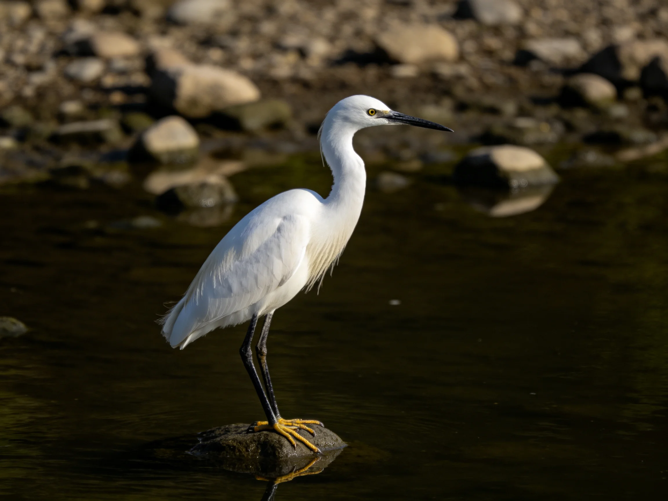 White egret perched on rock in shallow water by rocky shoreline