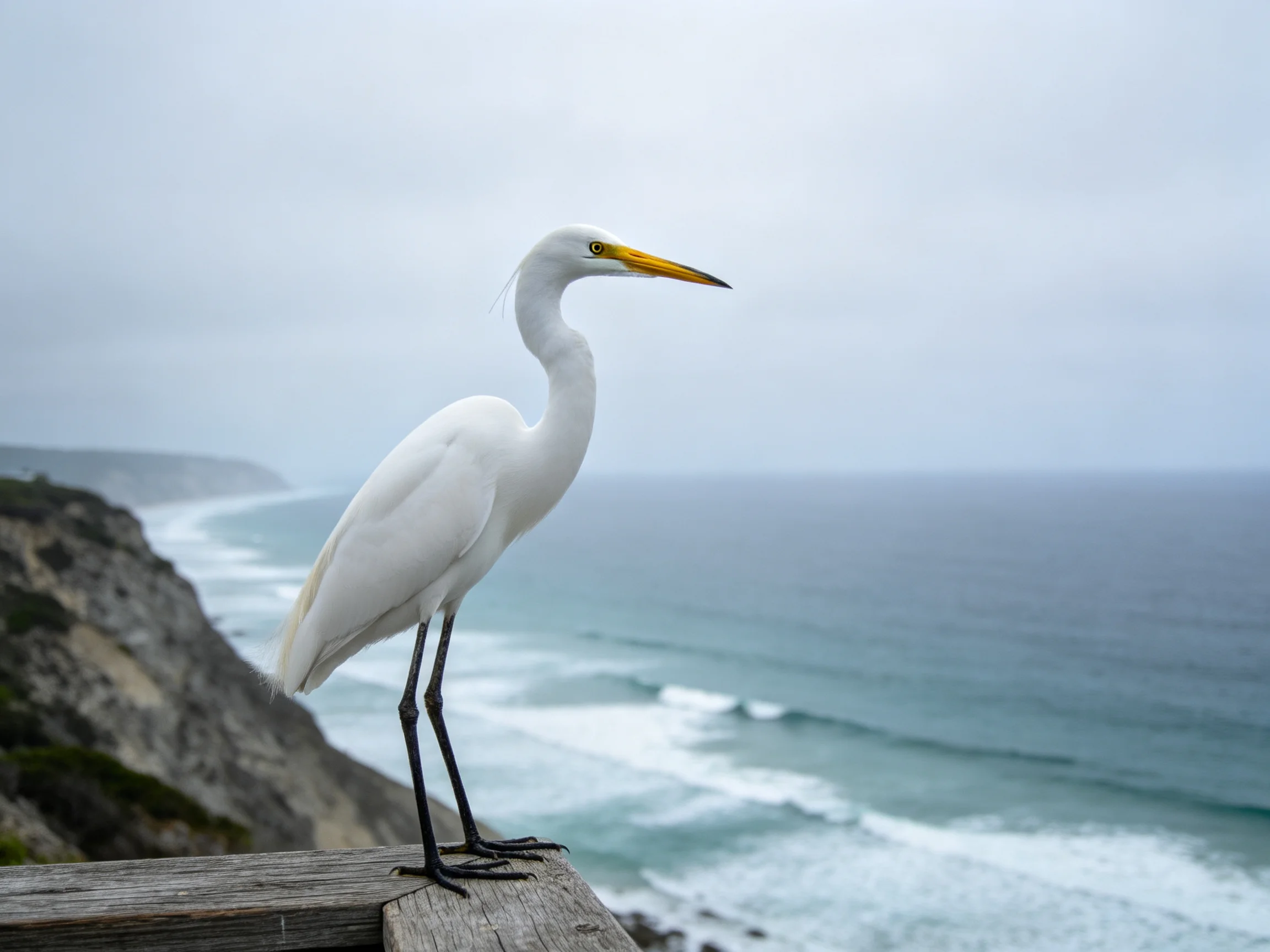 White egret perched on wooden railing by ocean cliffs