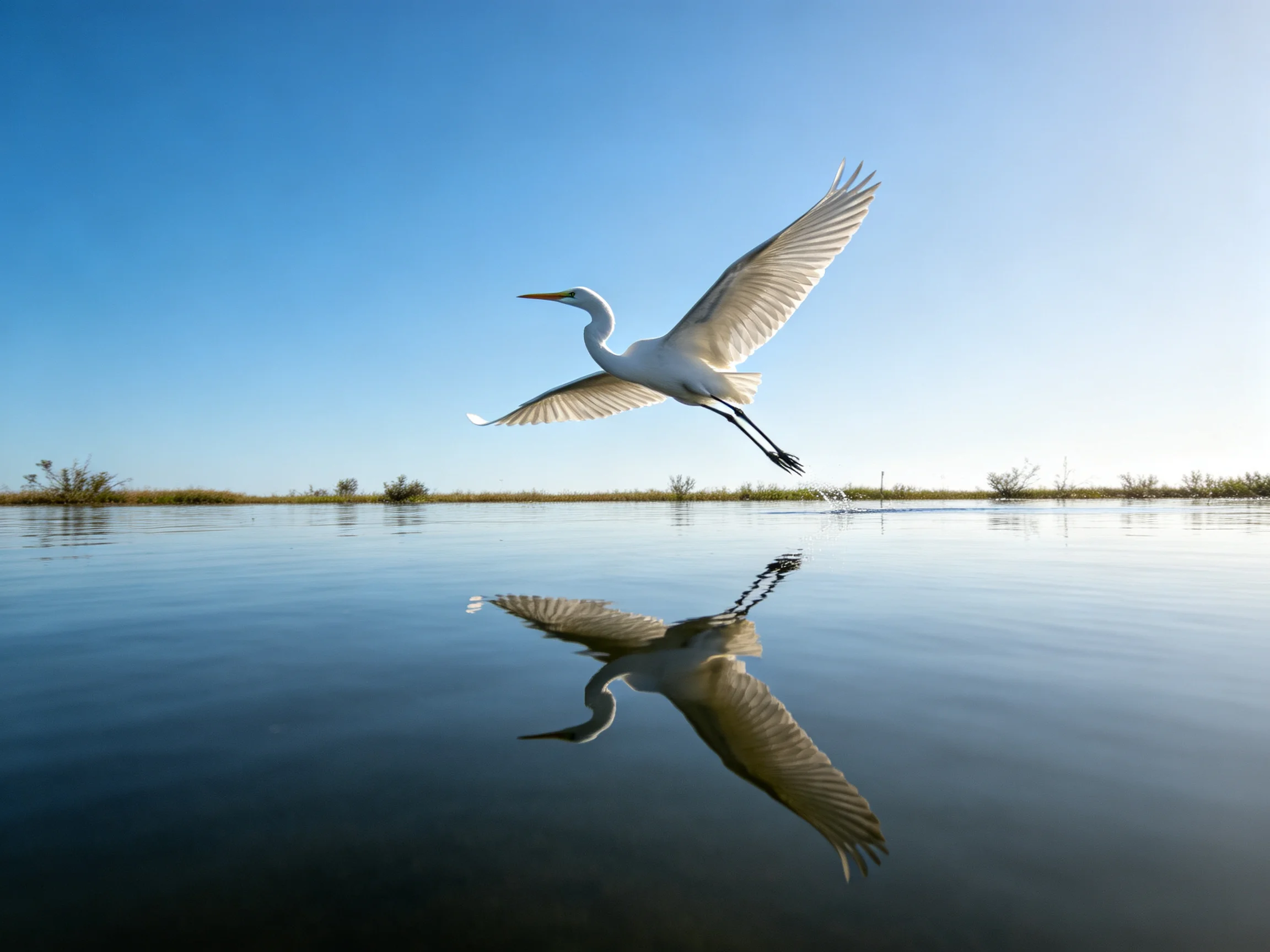 White egret soaring over calm water with blue sky reflection