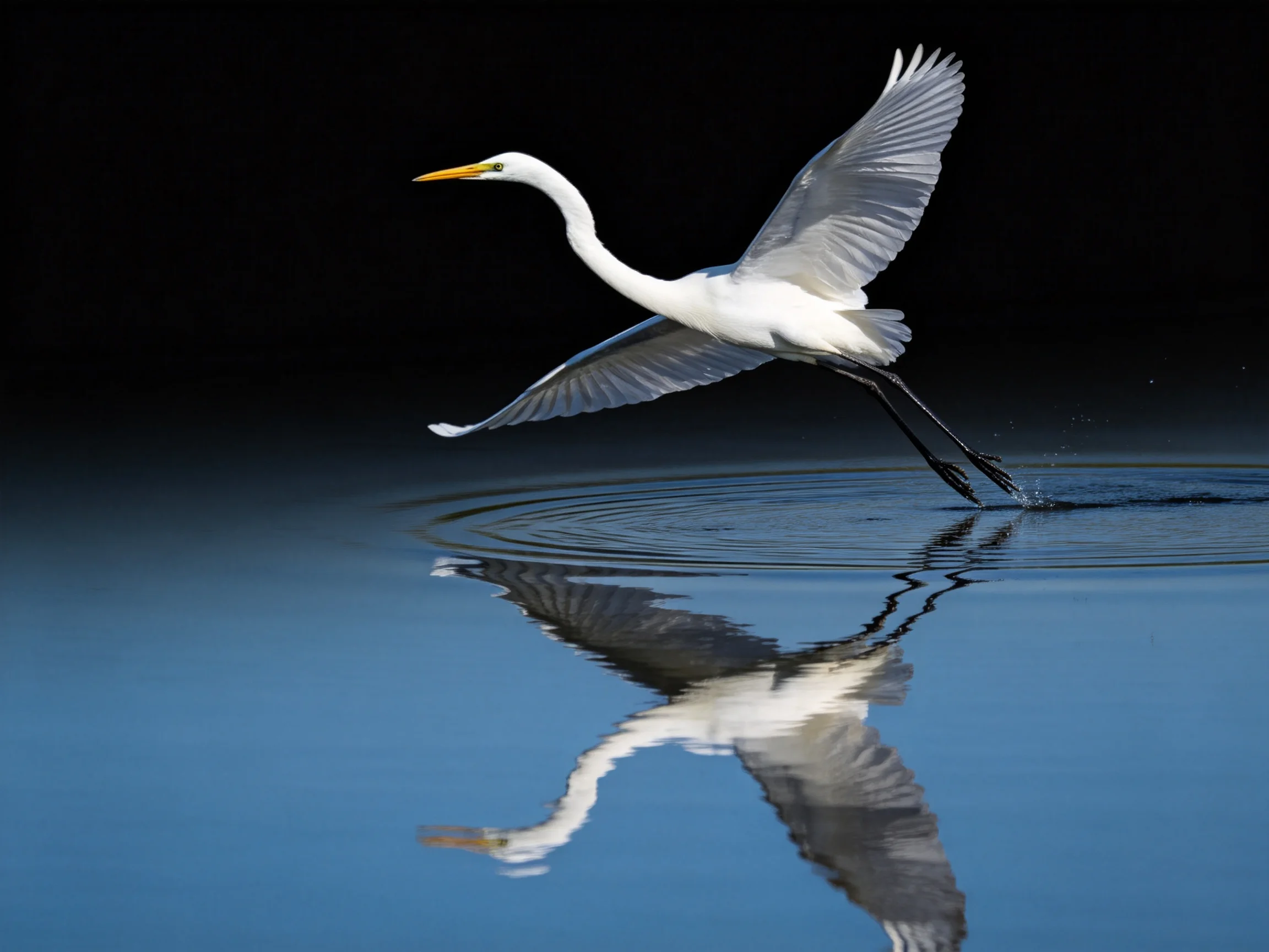 White egret soaring over reflective blue water