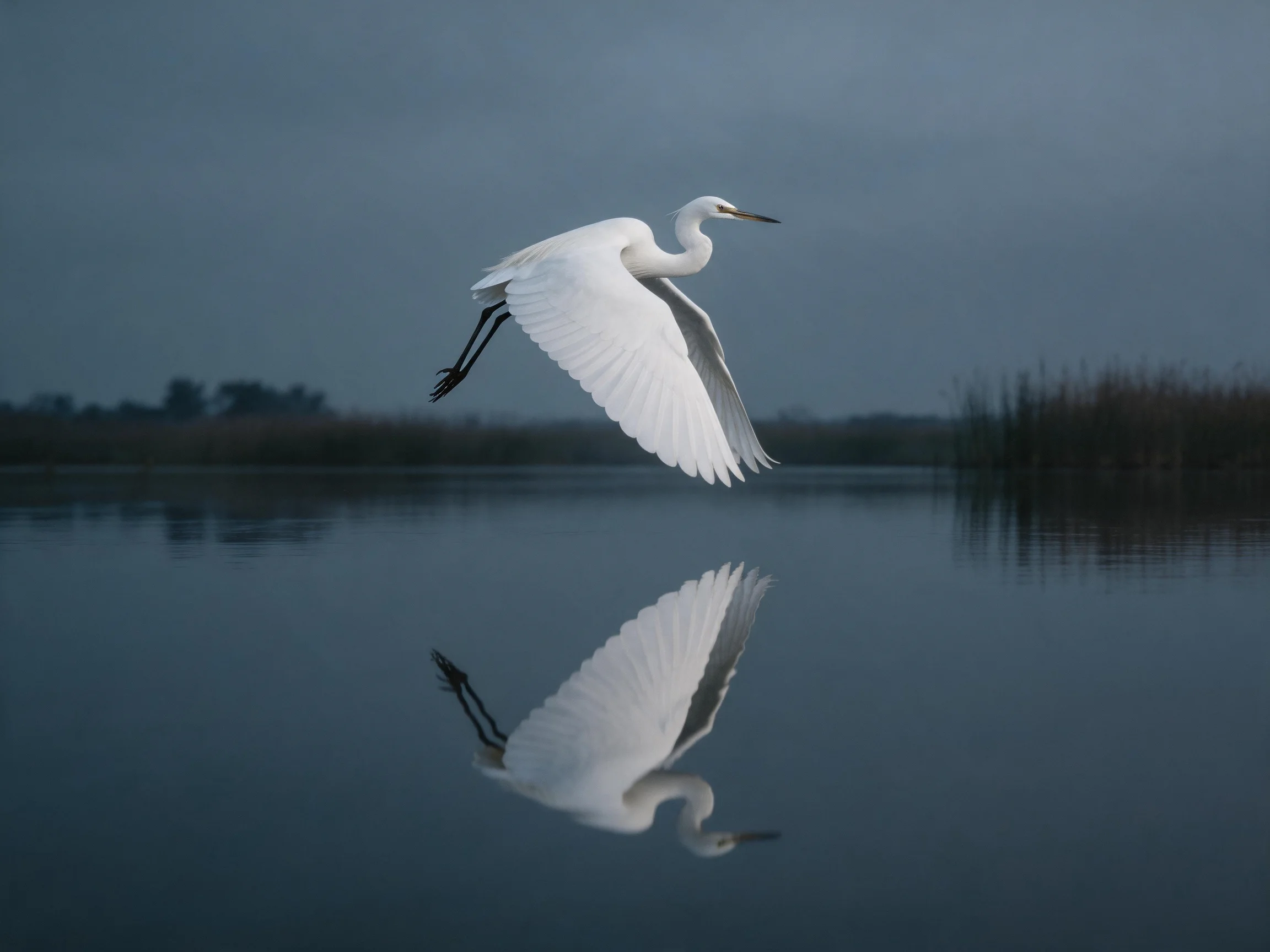 White egret soaring over still water with mirror reflection