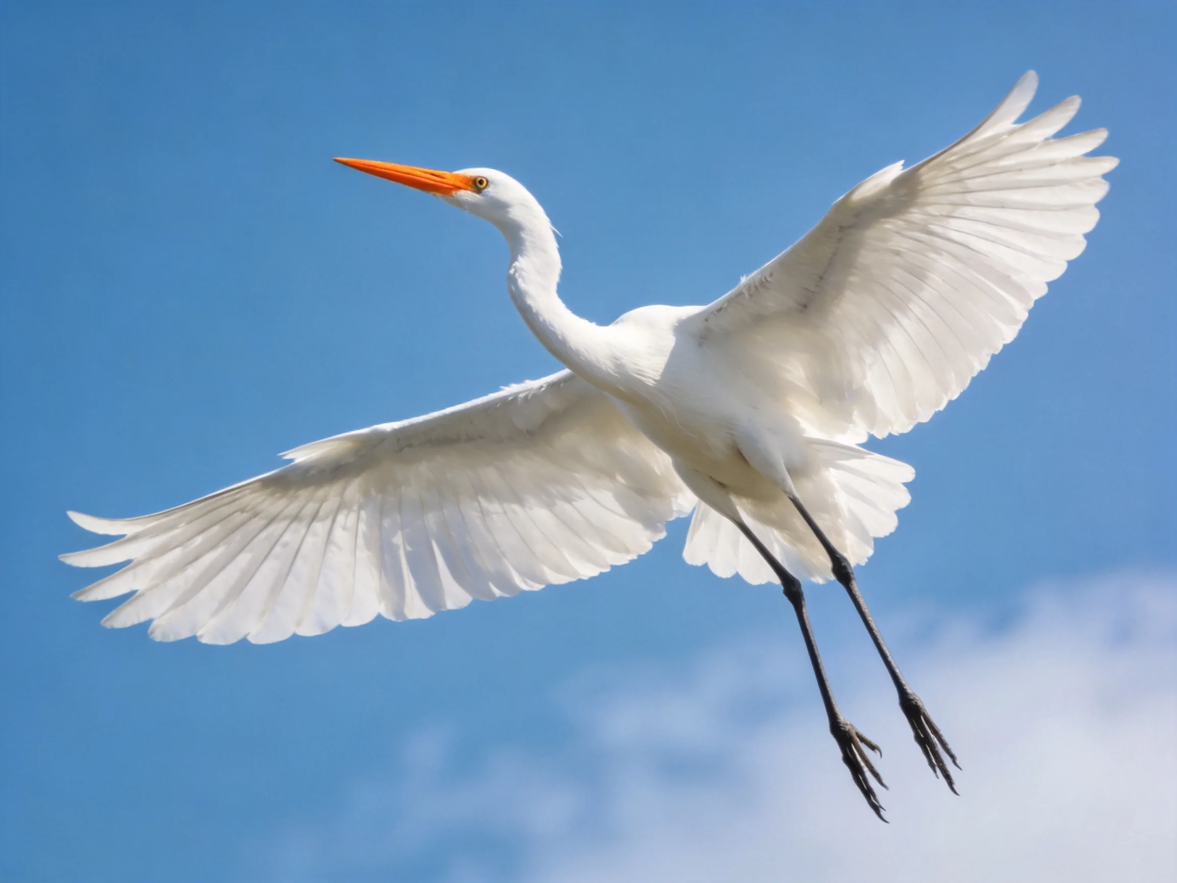 White egret soaring with outstretched wings against blue sky