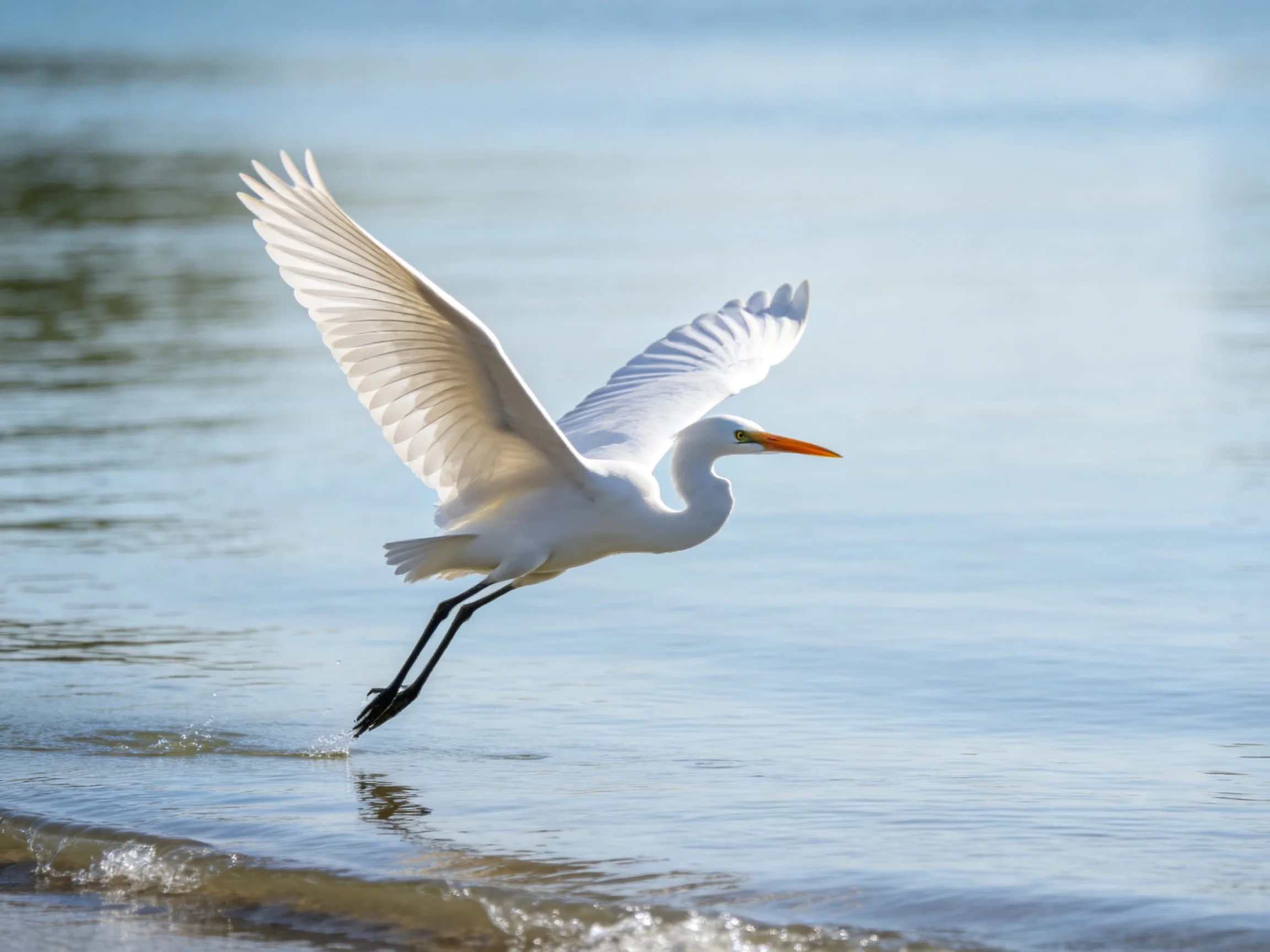 White egret soars over calm blue shoreline waters