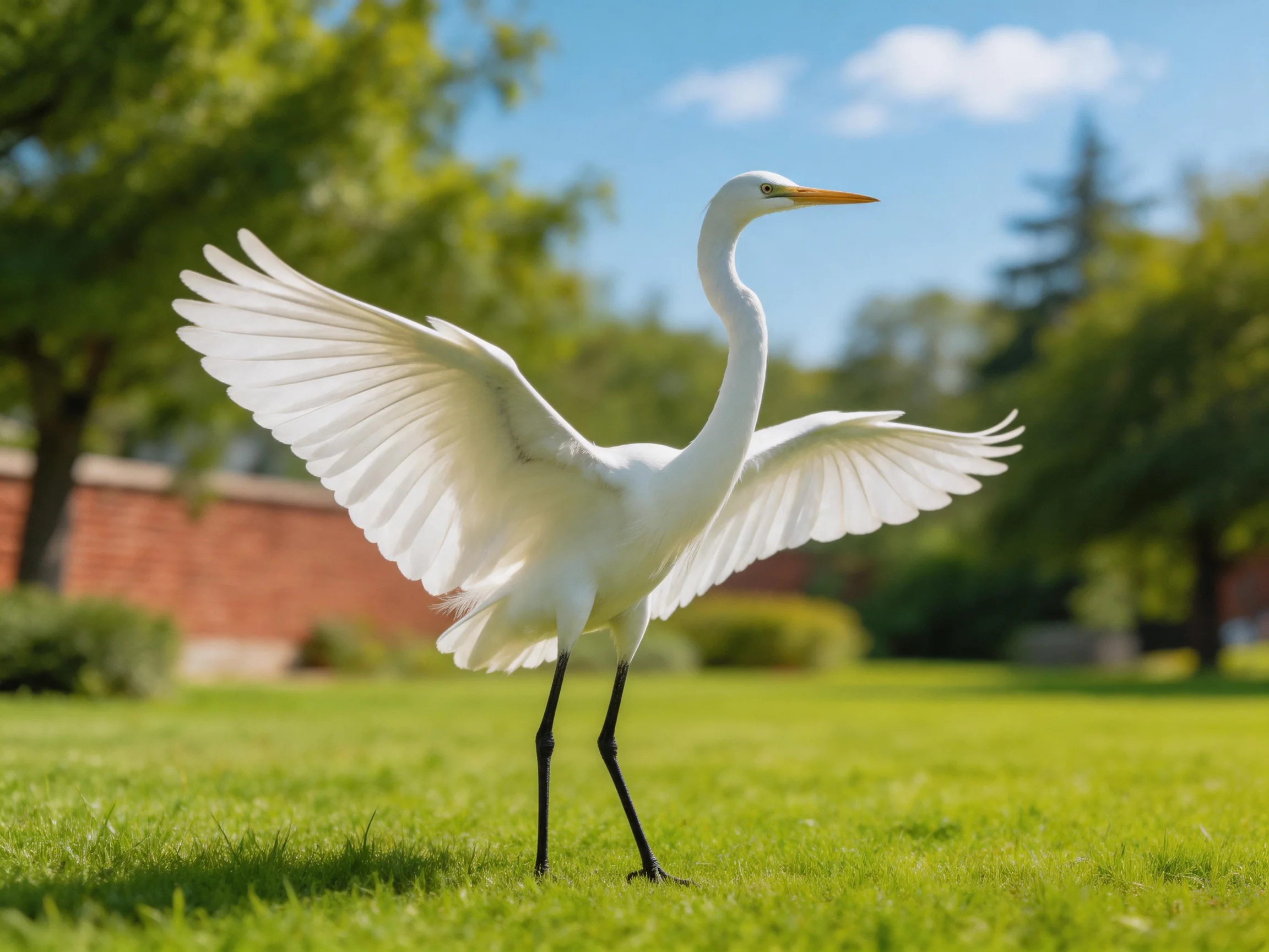 White egret spreading wings on a lush green lawn