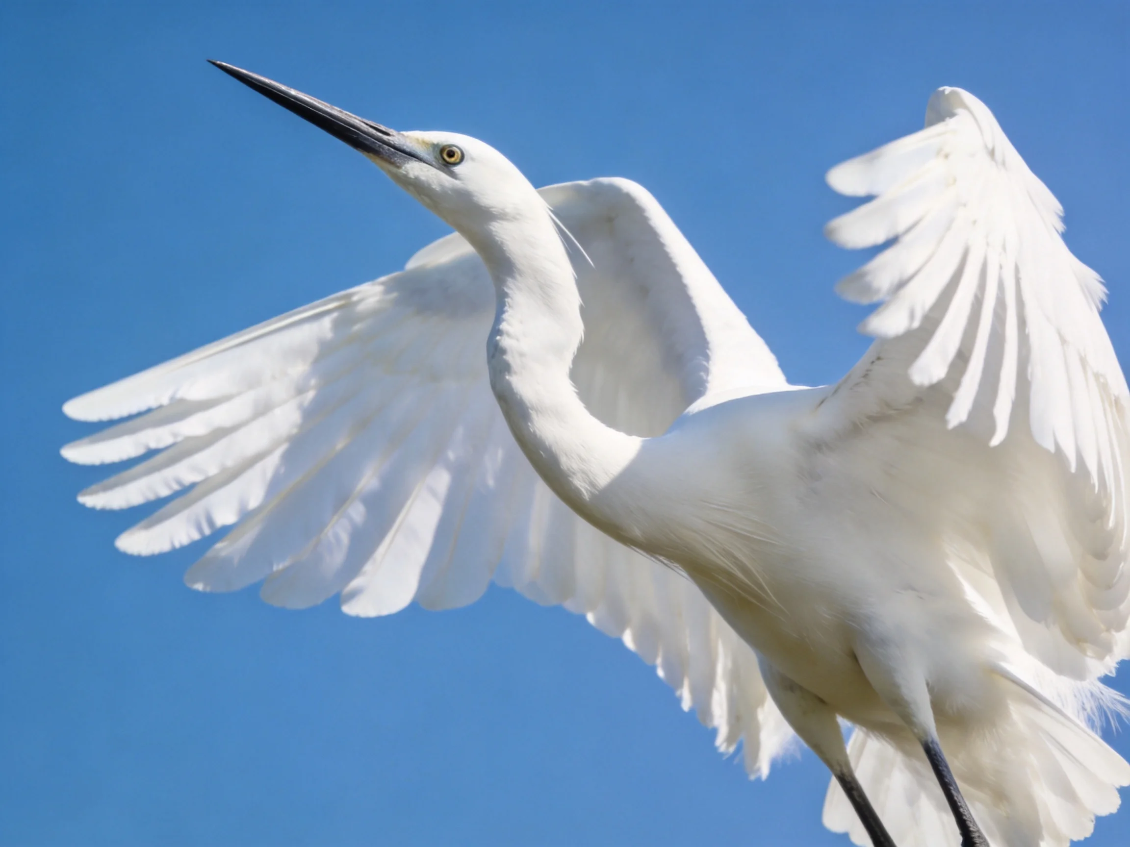 White egret spreads wings mid-flight against clear blue sky