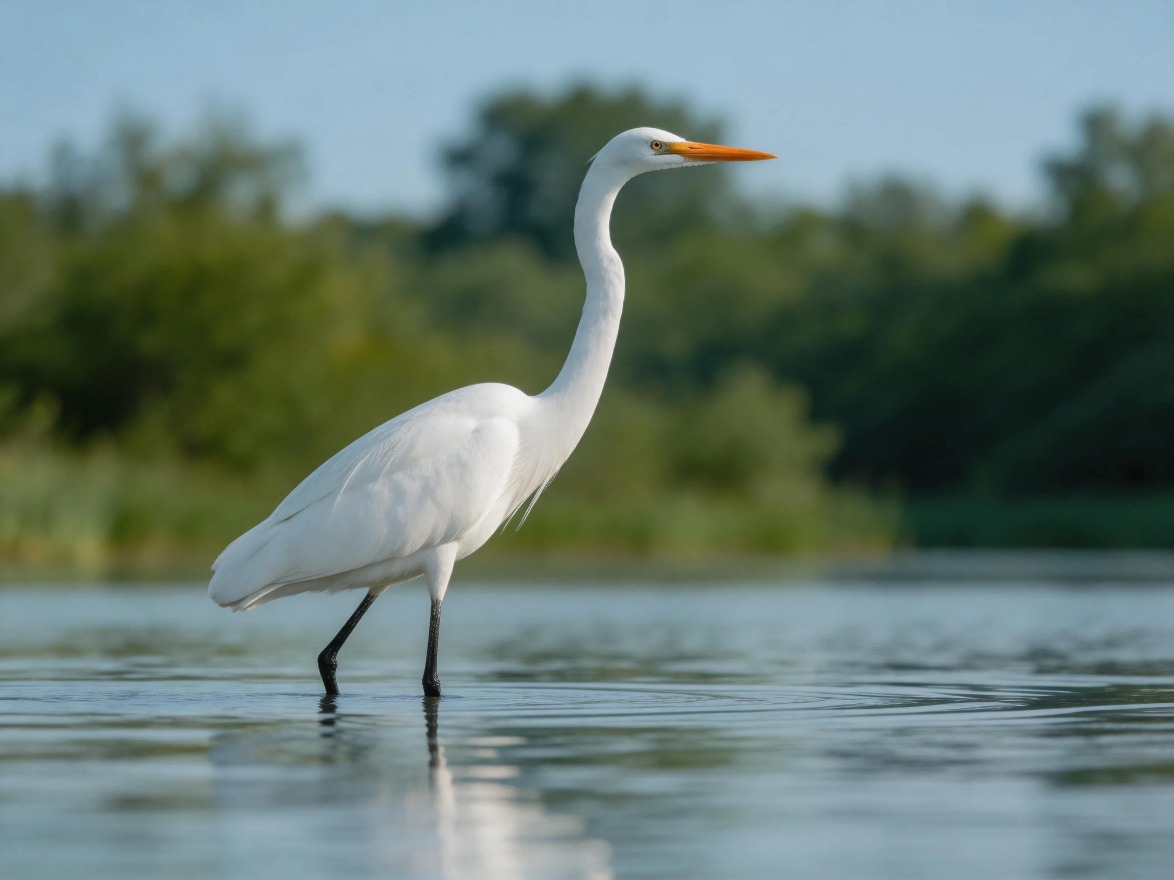 White egret wades in calm water near lush green trees