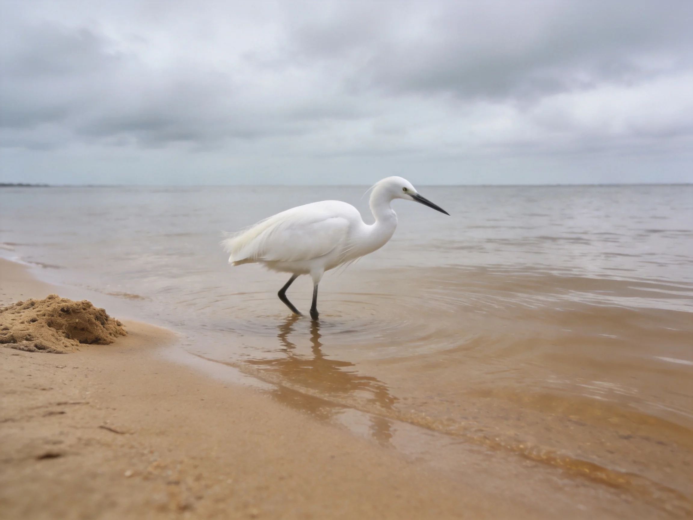White egret wades on sandy shore with calm waters