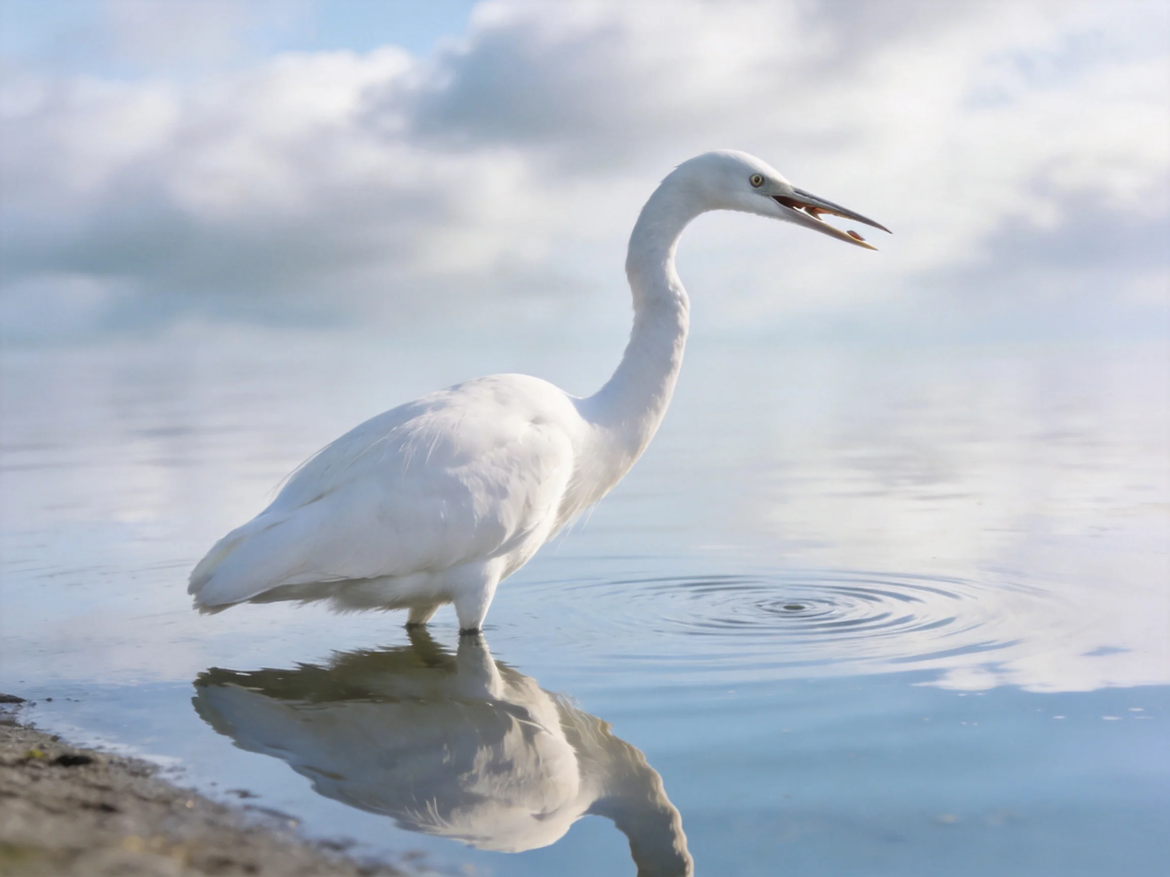 White egret wading in calm water near shoreline