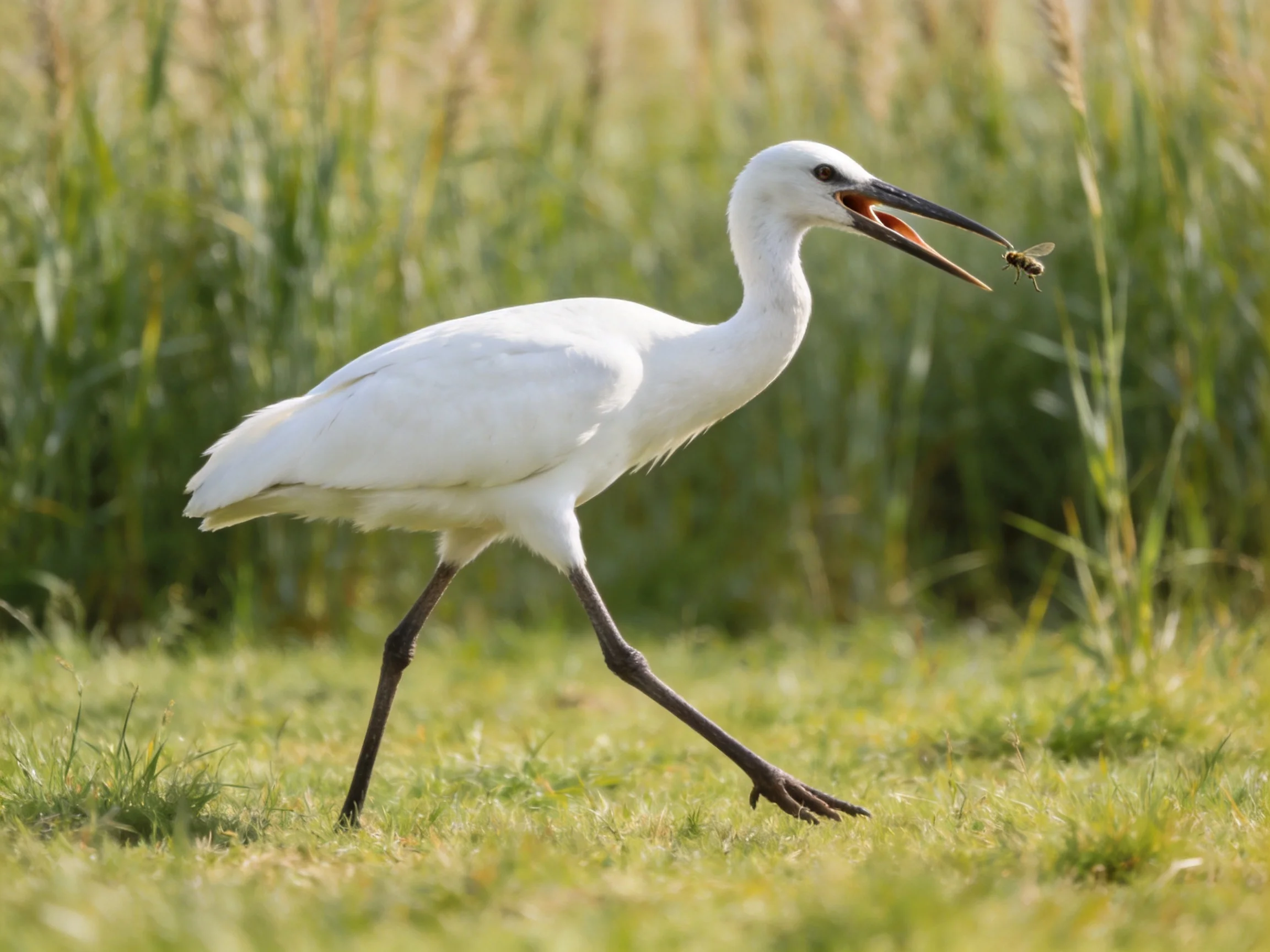 White egret walks on grass with insect in beak