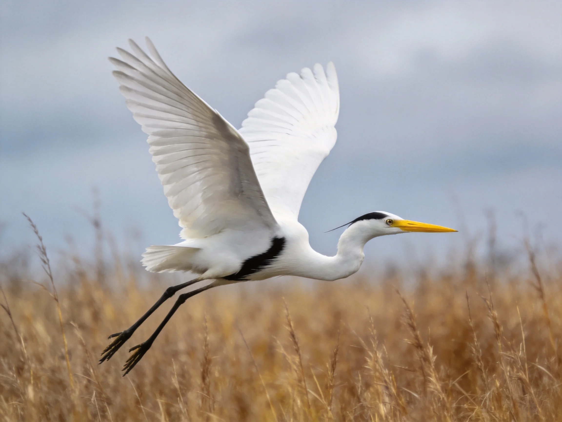 White egret with black markings flies over golden reeds
