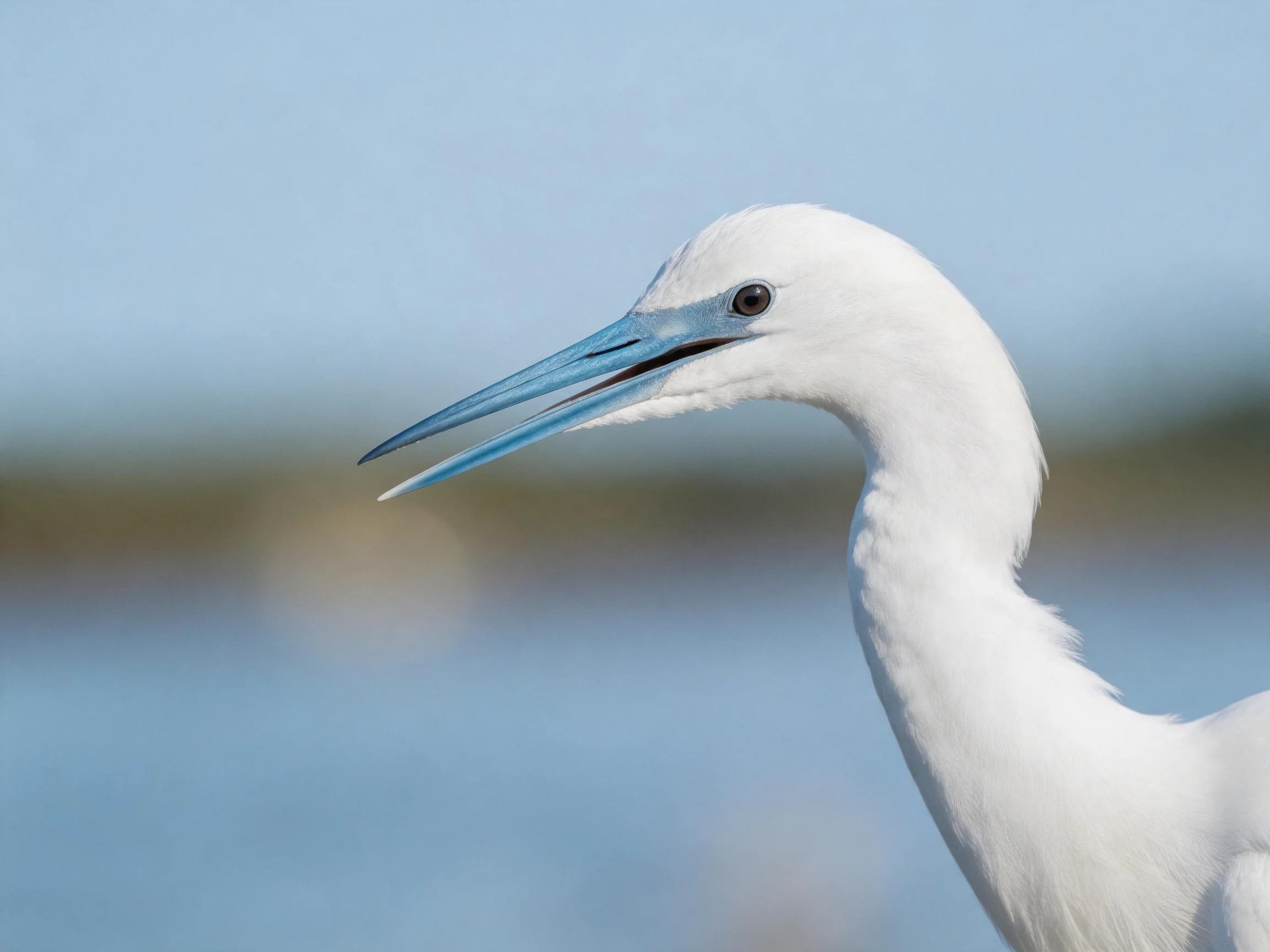 White egret with long blue beak near calm waters