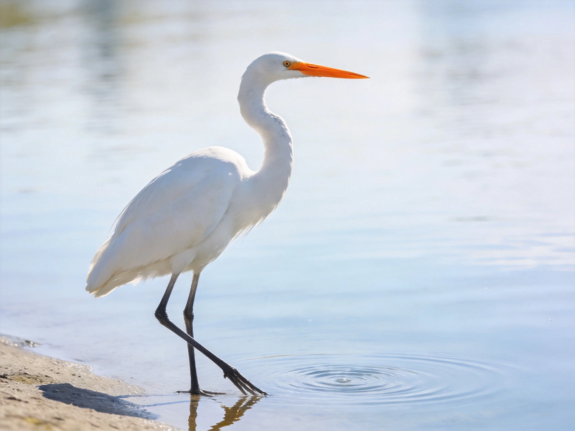 White egret with orange beak wades in calm blue water near shore