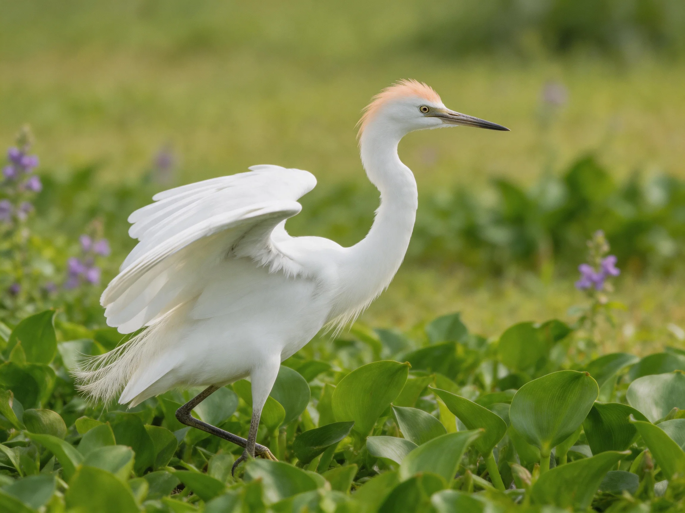 White egret with pink crest foraging in greenery and purple blooms