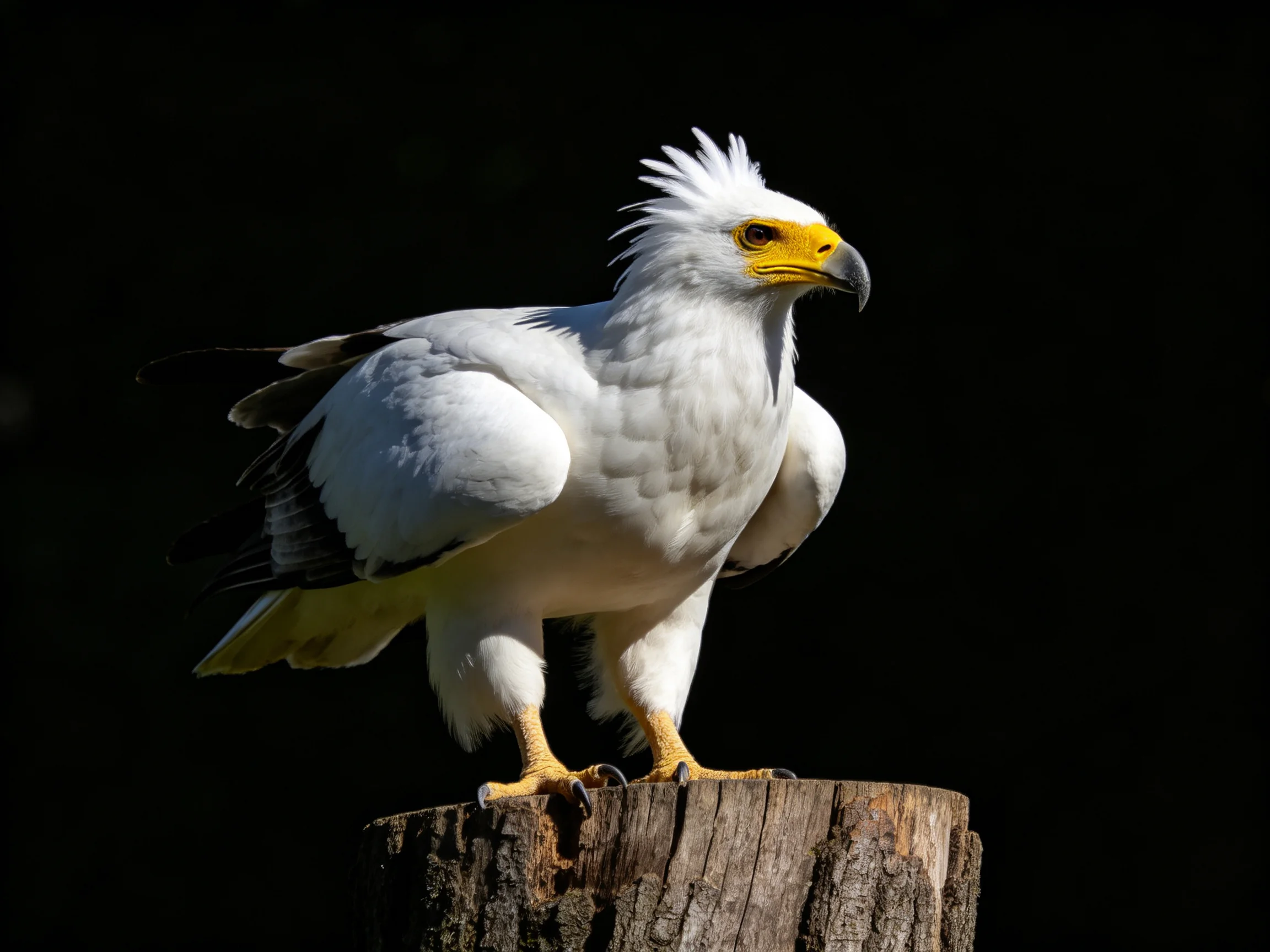 White-feathered bird with yellow beak perched on wooden stump