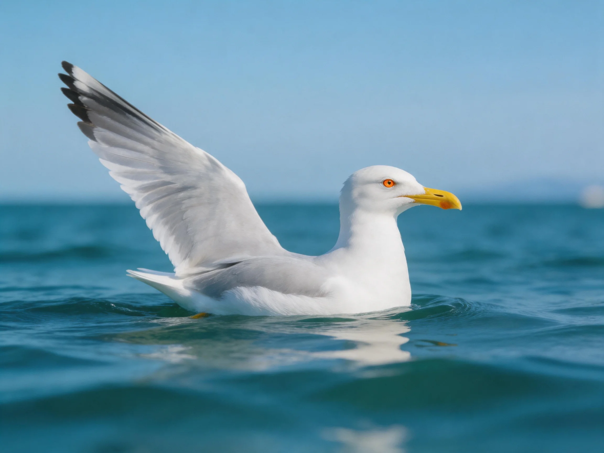 White-feathered seagull glides over blue ocean waters