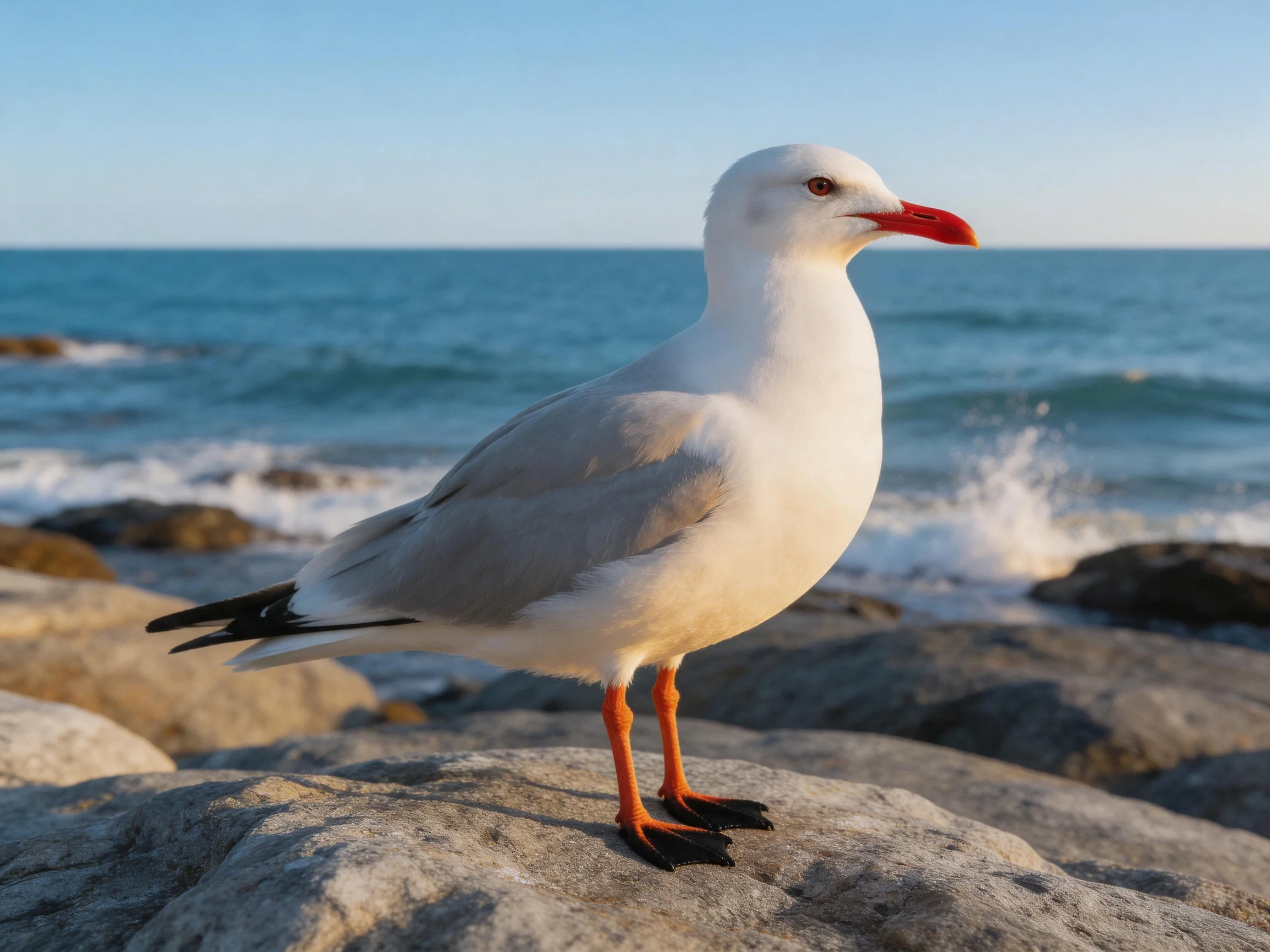 White-feathered seagull on coastal rocks by turquoise sea