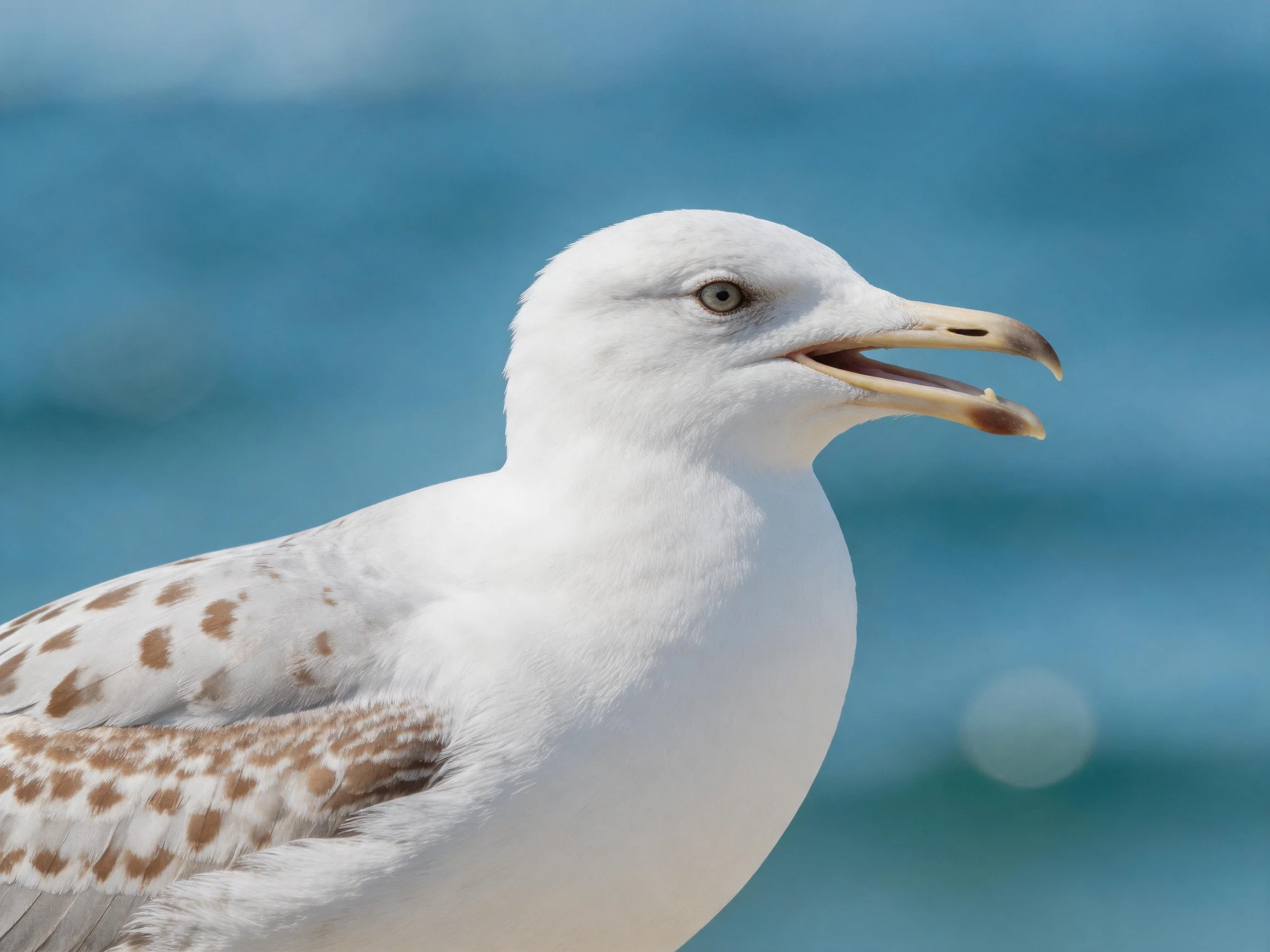 White-feathered seagull with brown-spotted wings