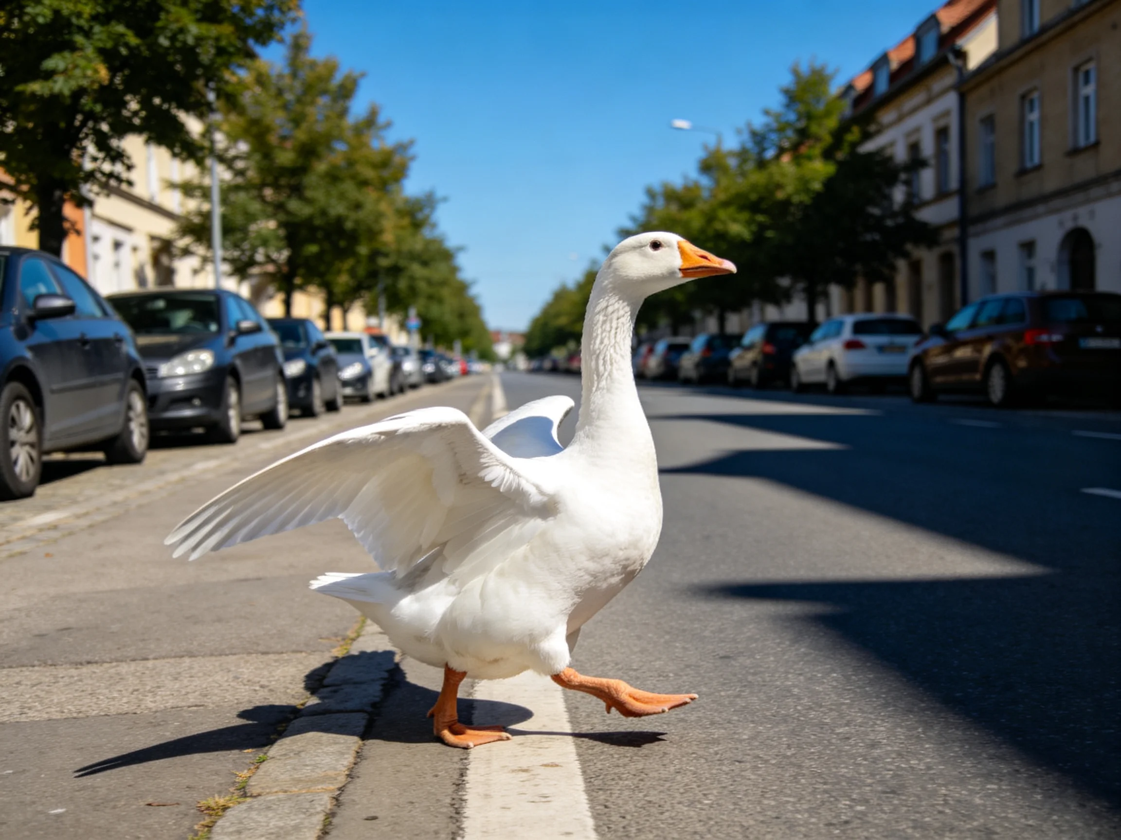 White goose crossing urban street with parked cars