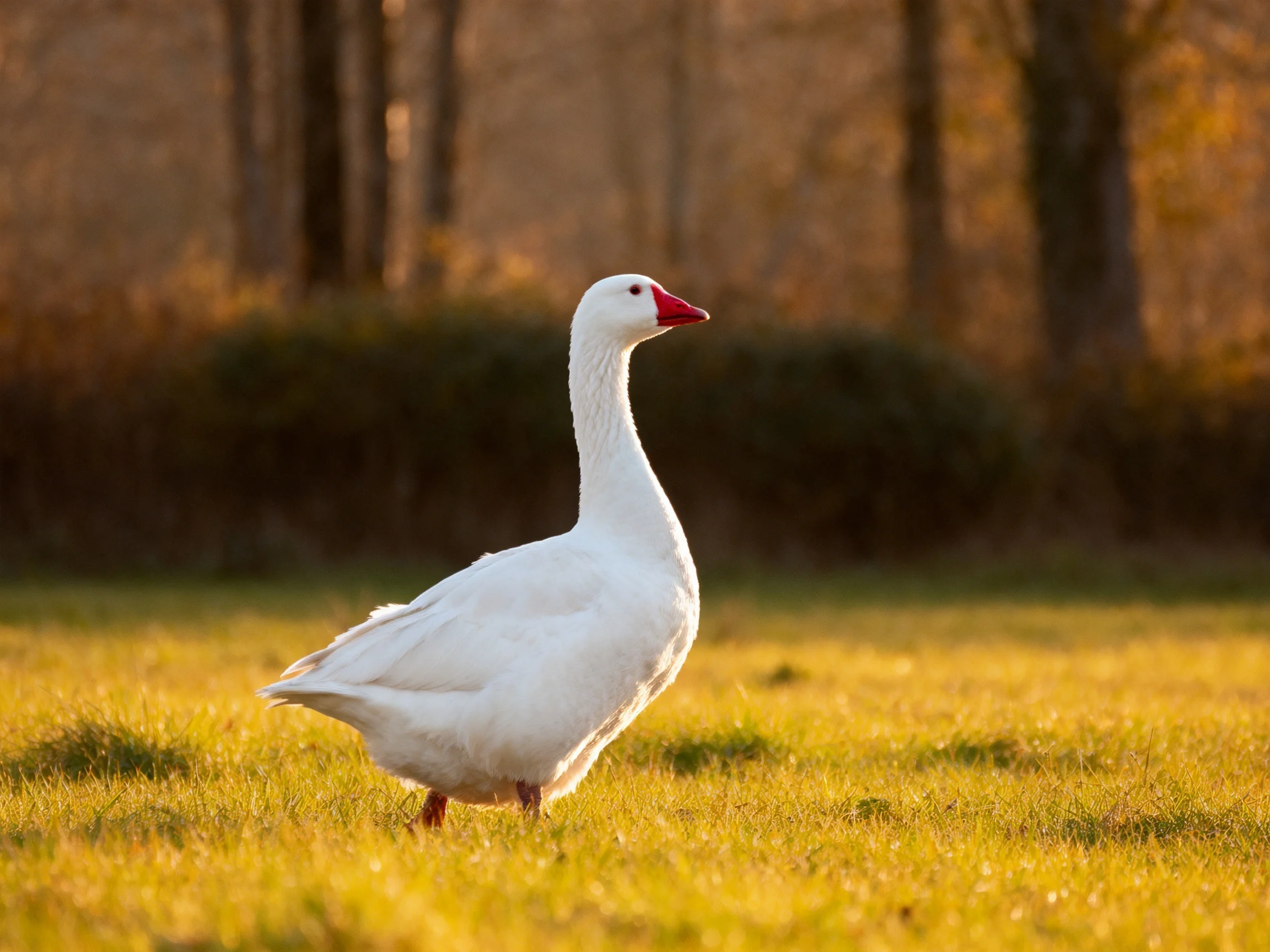 White goose on golden grass with trees in background
