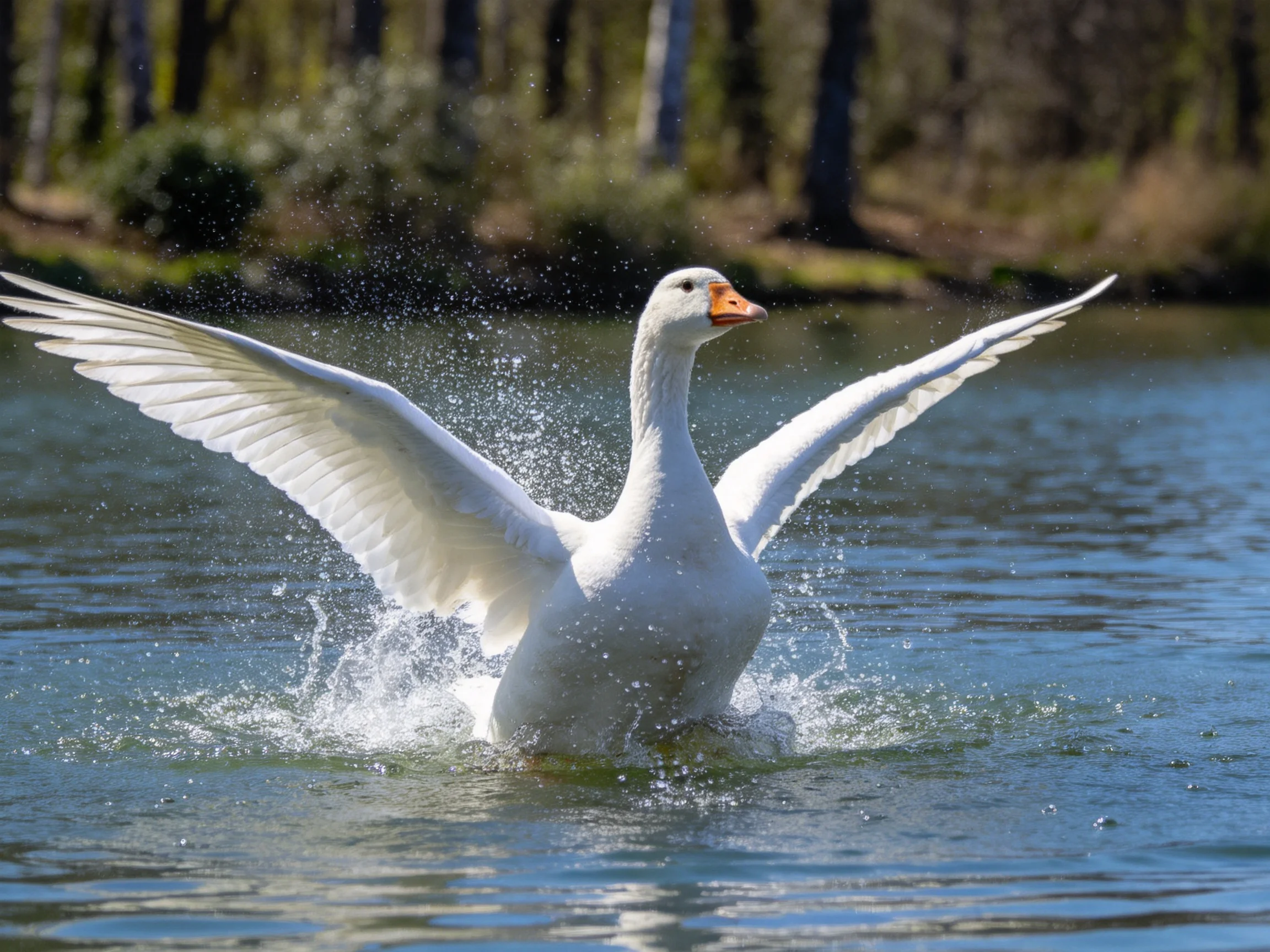 White goose spreading wings in splashing water near trees