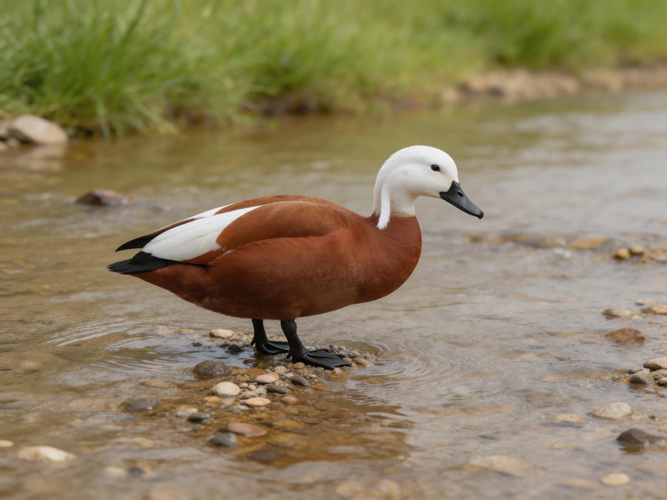 White-headed duck with brown plumage wades in stream