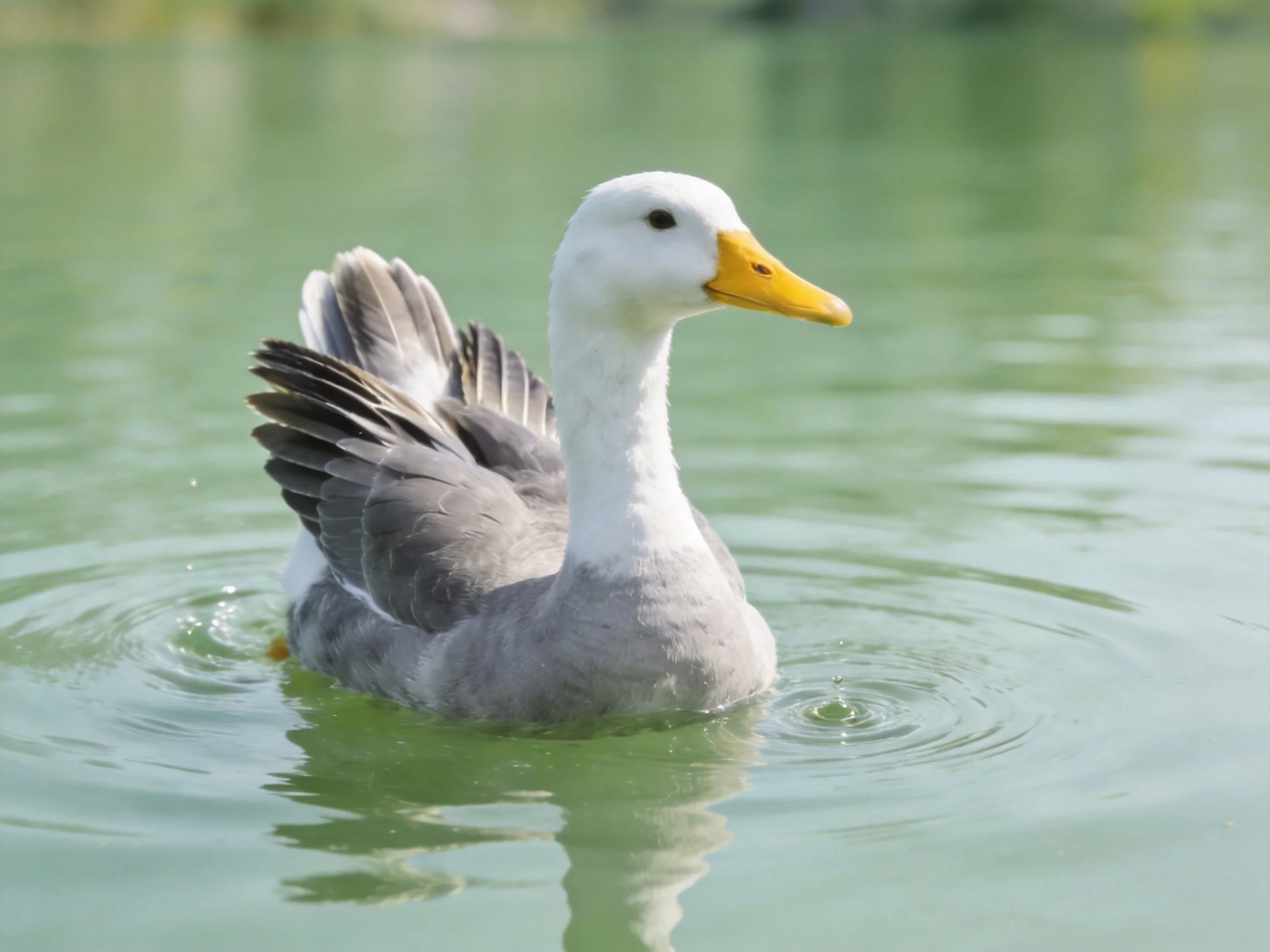 White-headed gray duck swimming in calm green water