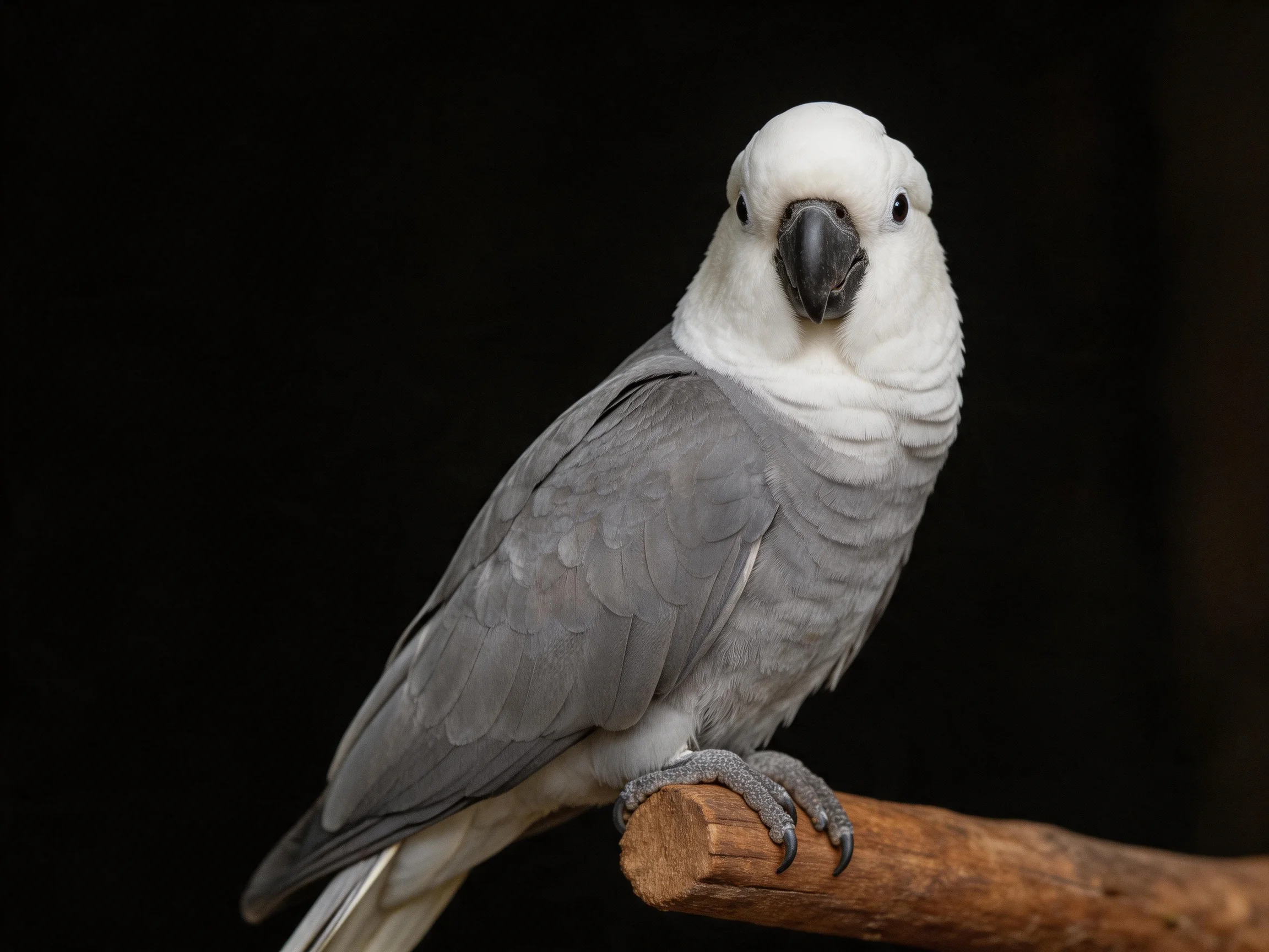 White-headed gray parrot perched on wooden branch