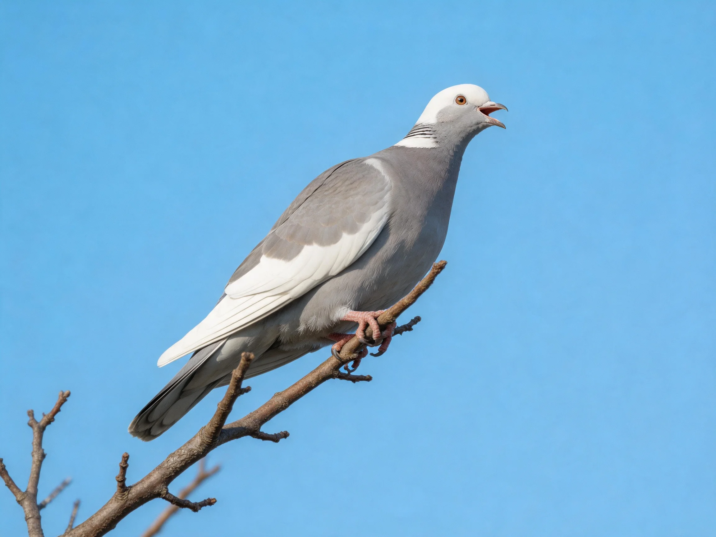 White-headed gray pigeon perched on brown branch under clear blue sky