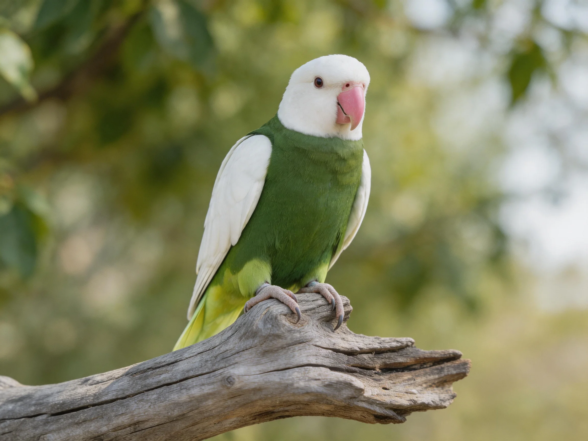 White-headed green parrot with pink beak perches on weathered wood