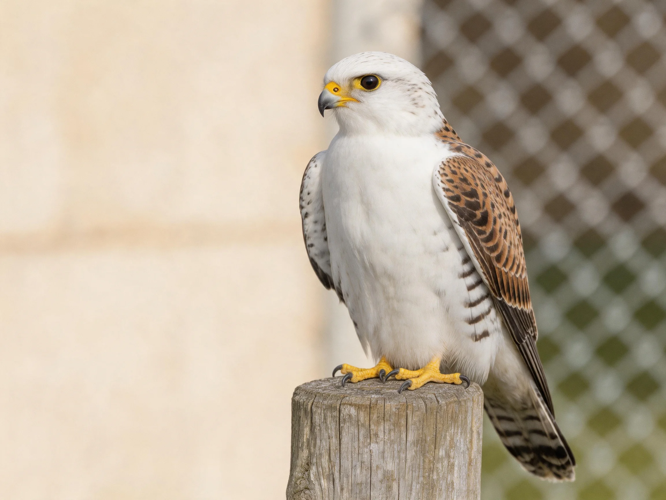 White-headed raptor with brown patterned wings perched on a wooden post