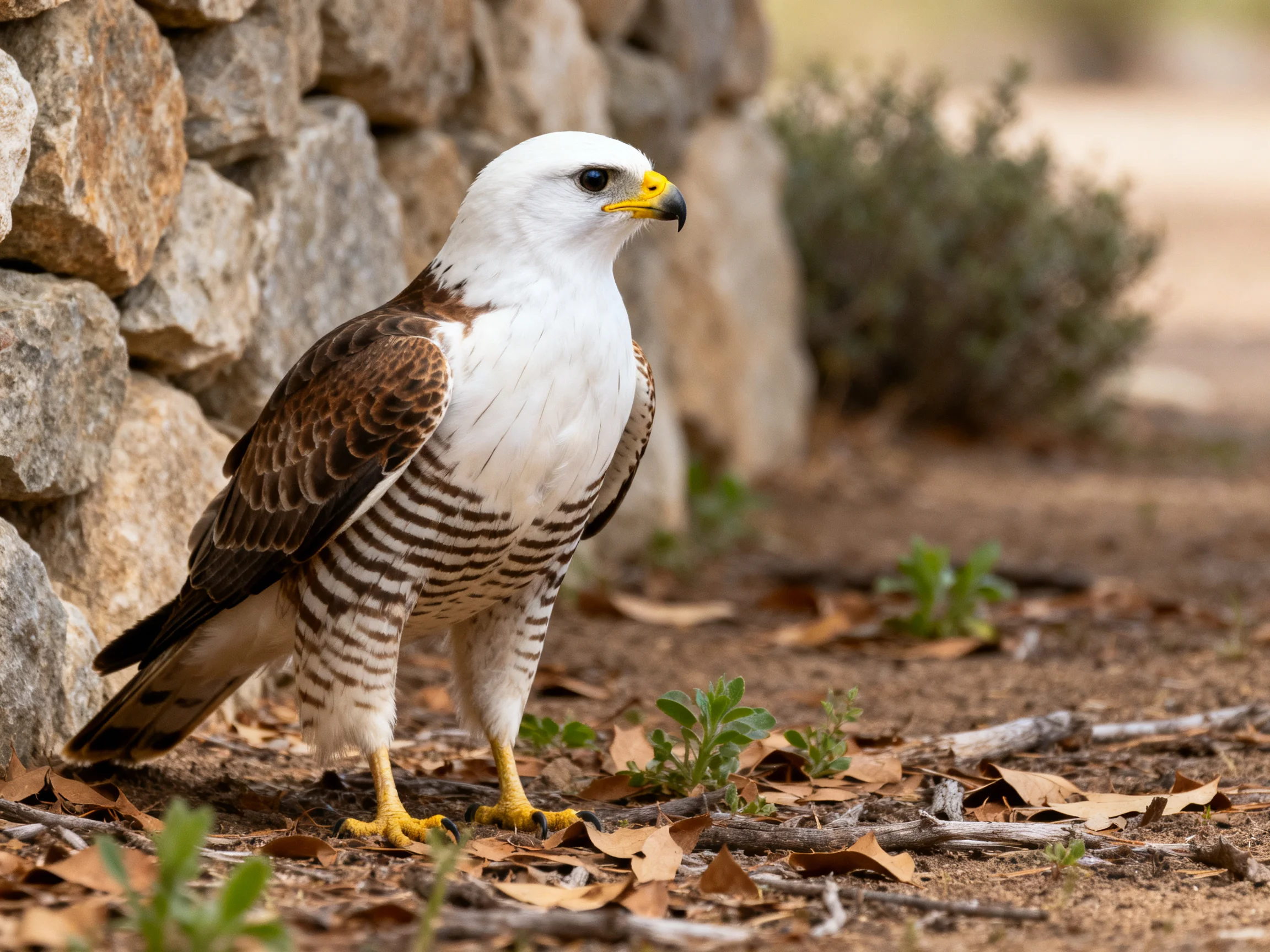 White-headed raptor with brown wings near stone wall