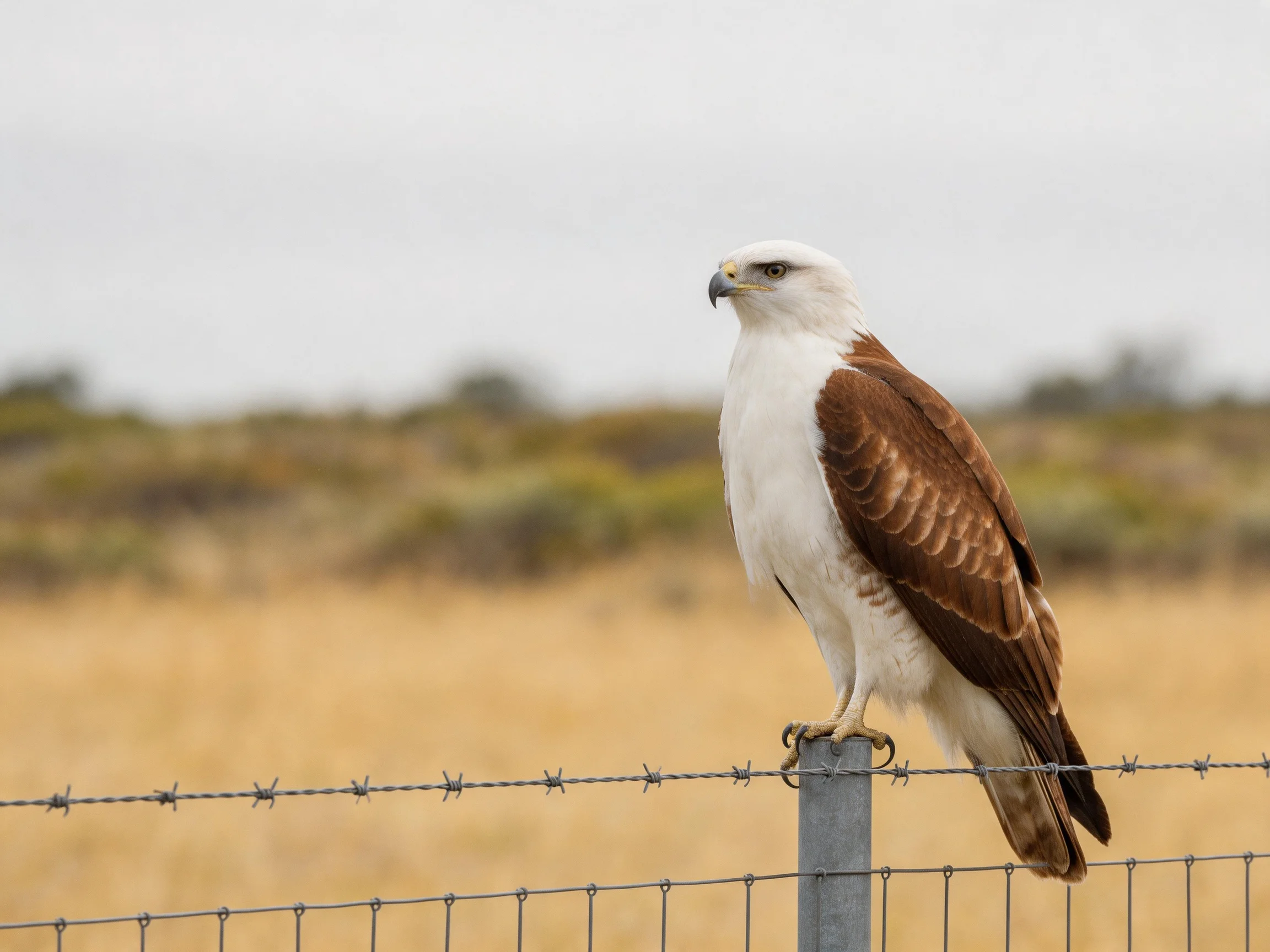 White-headed raptor with brown wings perched on barbed-wire fence