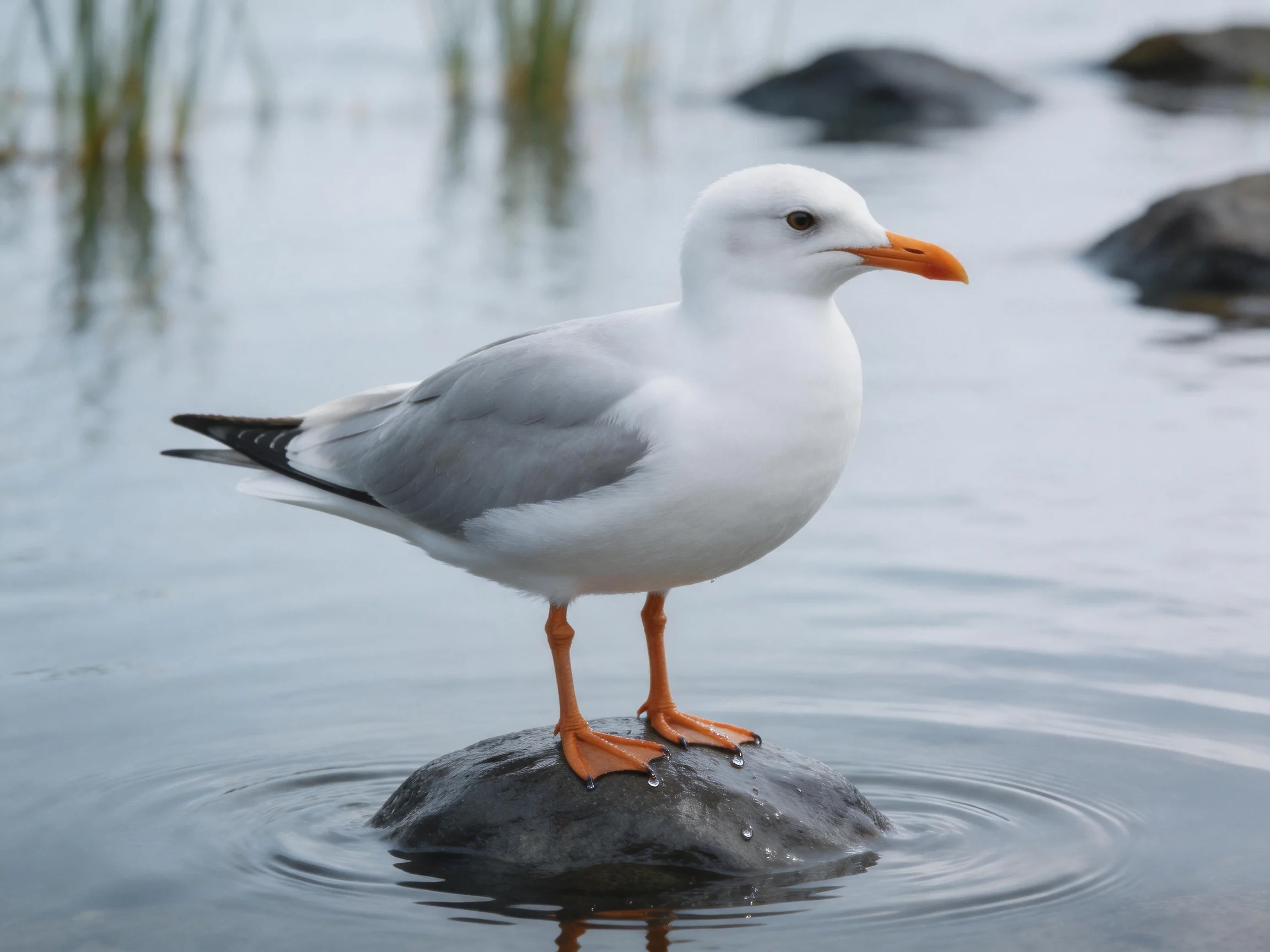 White-headed seagull perched on a wet rock by calm water