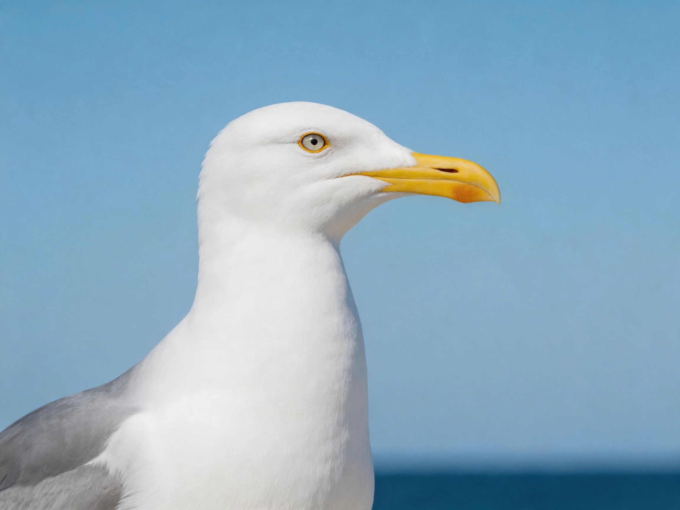 White-headed seagull with bright yellow beak near ocean