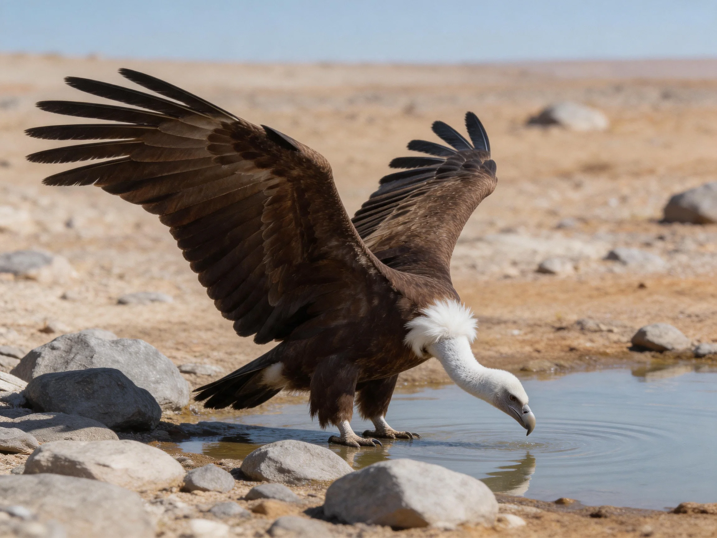 White-headed vulture spreads wings at rocky water source