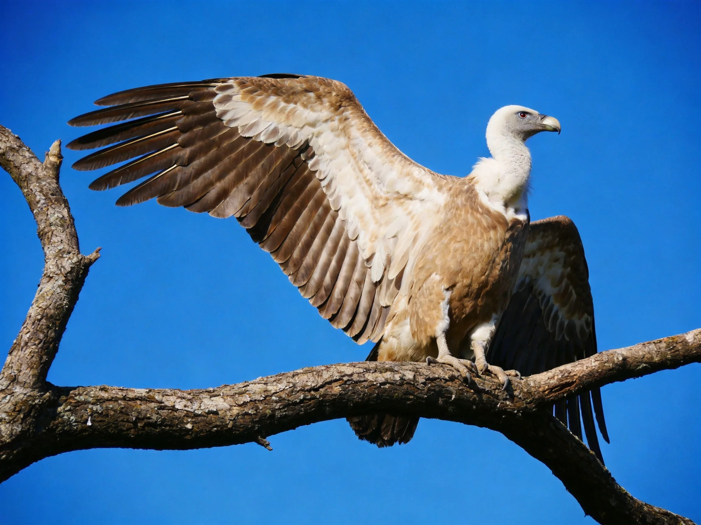 White-headed vulture spreads wings on brown tree branch under clear blue sky
